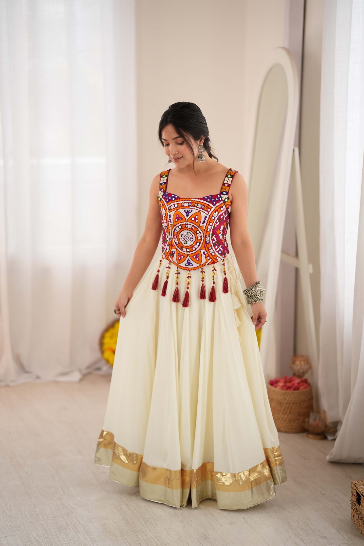 Cream Reyon Lehenga Choli with Heavy Thread Work and Real Mirror Detailing