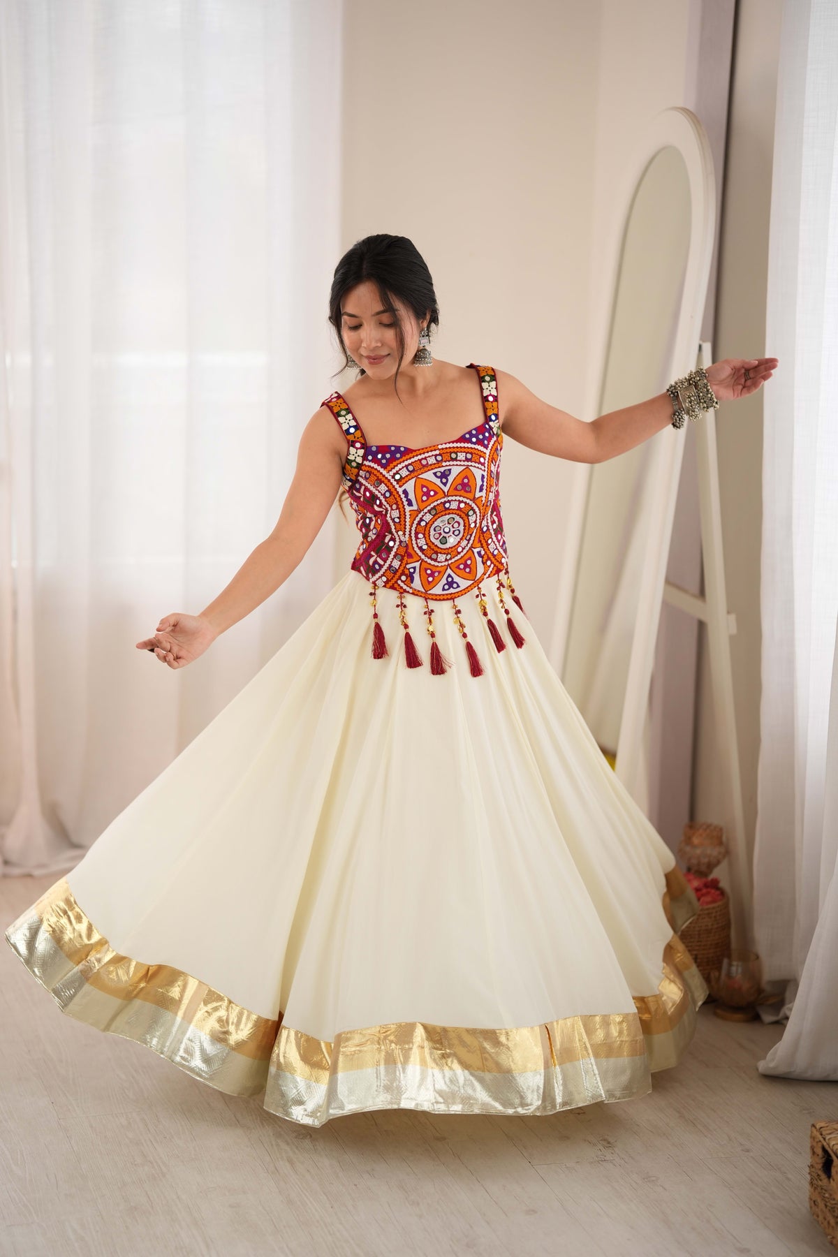 Cream Reyon Lehenga Choli with Heavy Thread Work and Real Mirror Detailing
