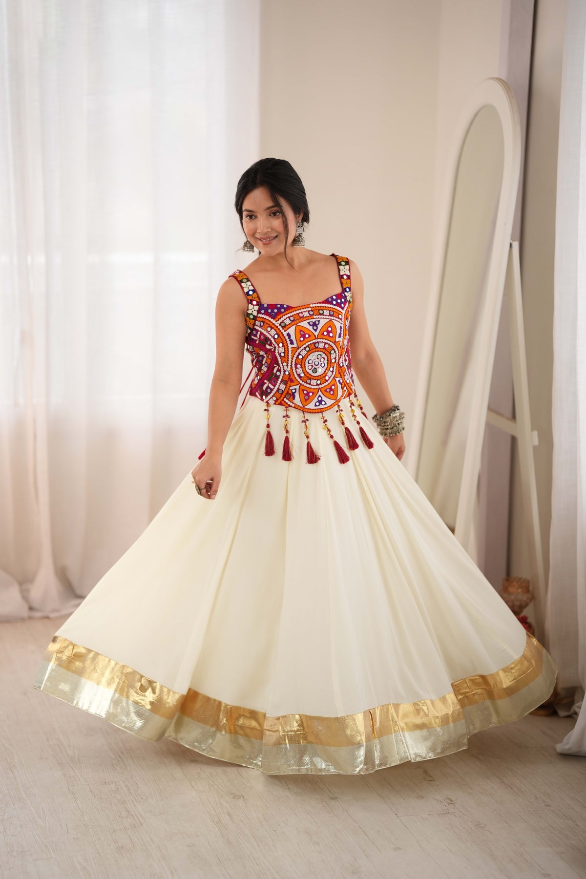Cream Reyon Lehenga Choli with Heavy Thread Work and Real Mirror Detailing