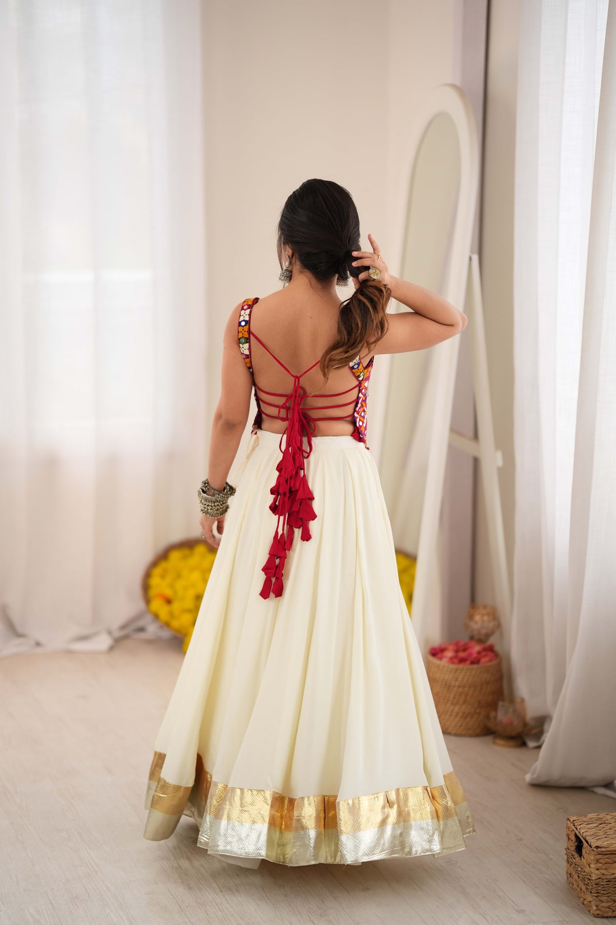 Cream Reyon Lehenga Choli with Heavy Thread Work and Real Mirror Detailing