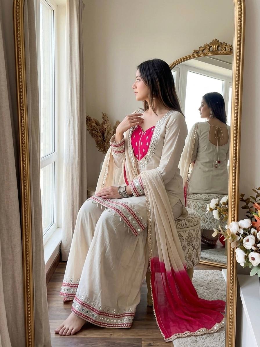 Cream Roman Glass Sharara Suit with Mirror Work, fully stitched festive ethnic wear