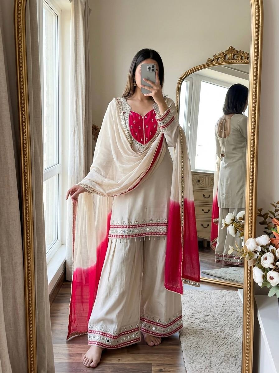 Cream Roman Glass Sharara Suit with Mirror Work, fully stitched festive ethnic wear