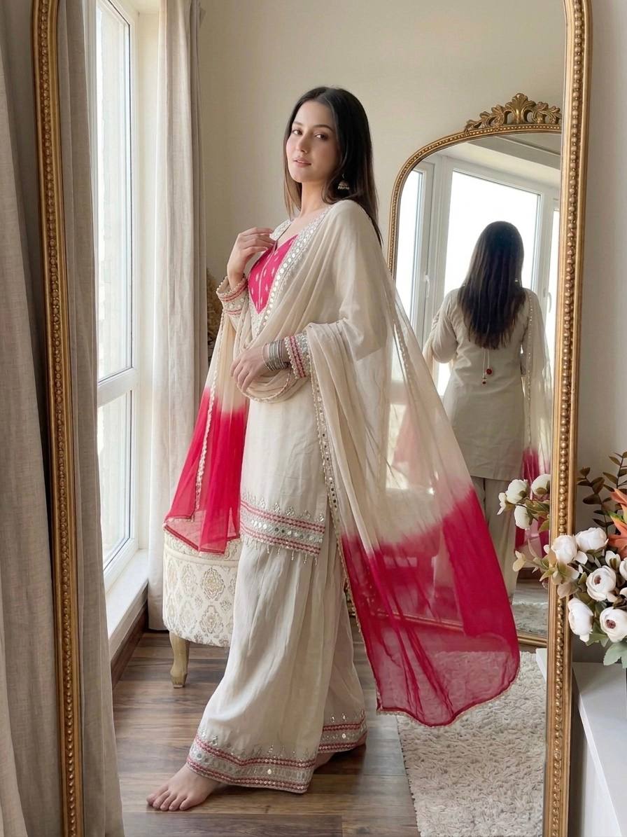 Cream Roman Glass Sharara Suit with Mirror Work, fully stitched festive ethnic wear