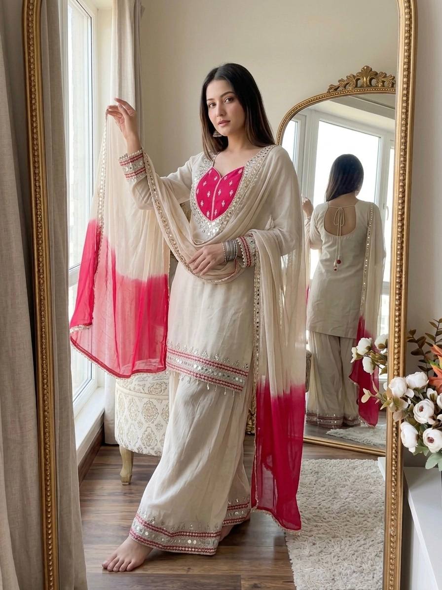 Cream Roman Glass Sharara Suit with Mirror Work, fully stitched festive ethnic wear