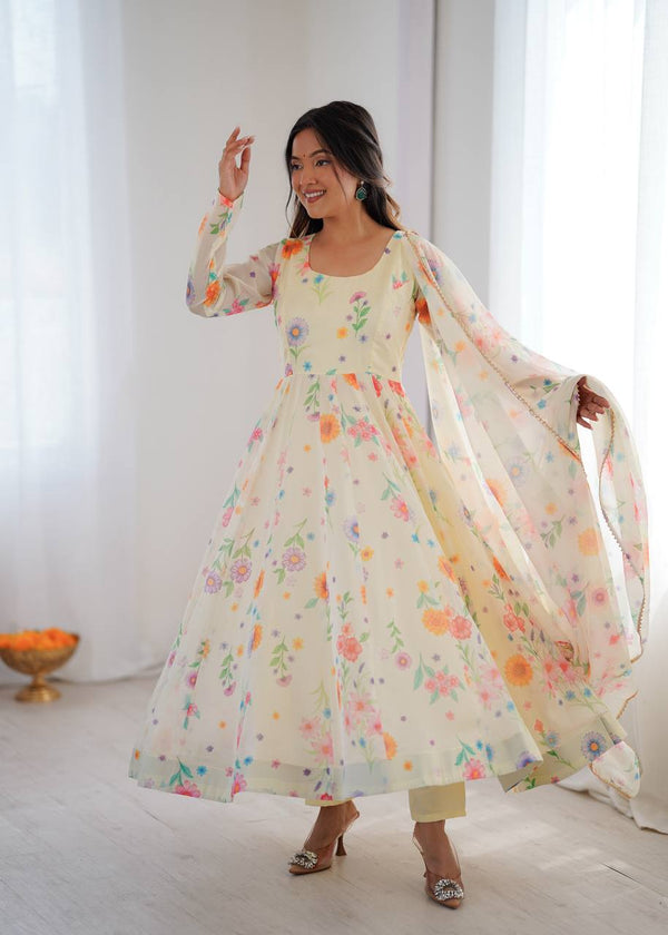 Cream Sunkissed Floral Print Organza Gown with Dupatta and Pant