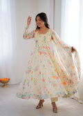 Cream Sunkissed Floral Print Organza Gown with Dupatta and Pant