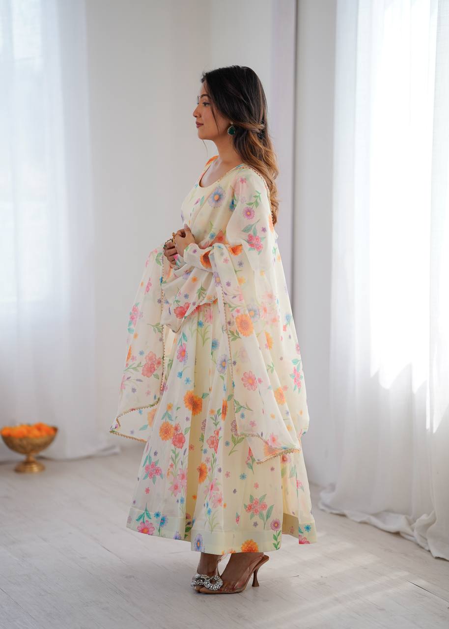 Cream Sunkissed Floral Print Organza Gown with Dupatta and Pant