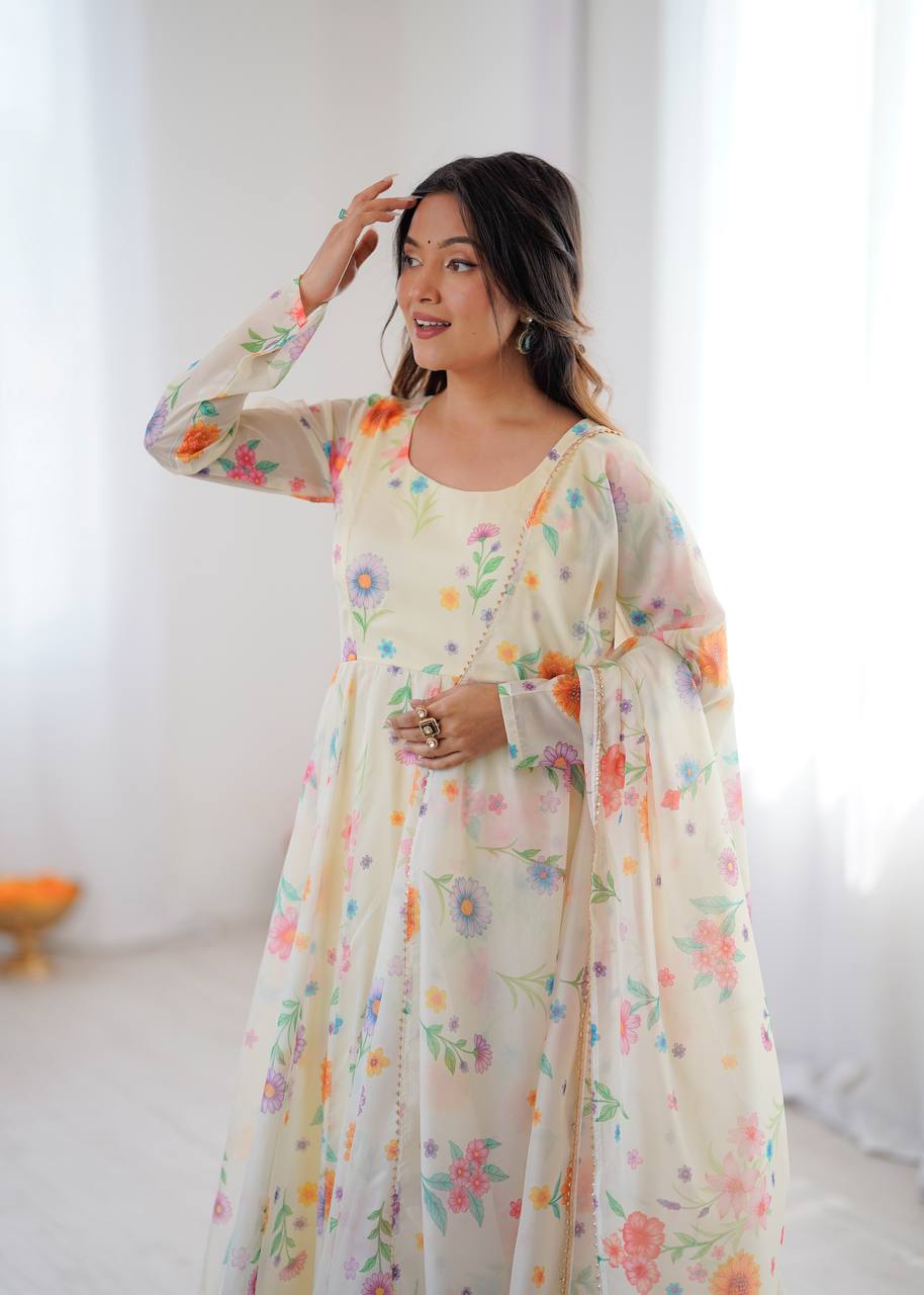 Cream Sunkissed Floral Print Organza Gown with Dupatta and Pant