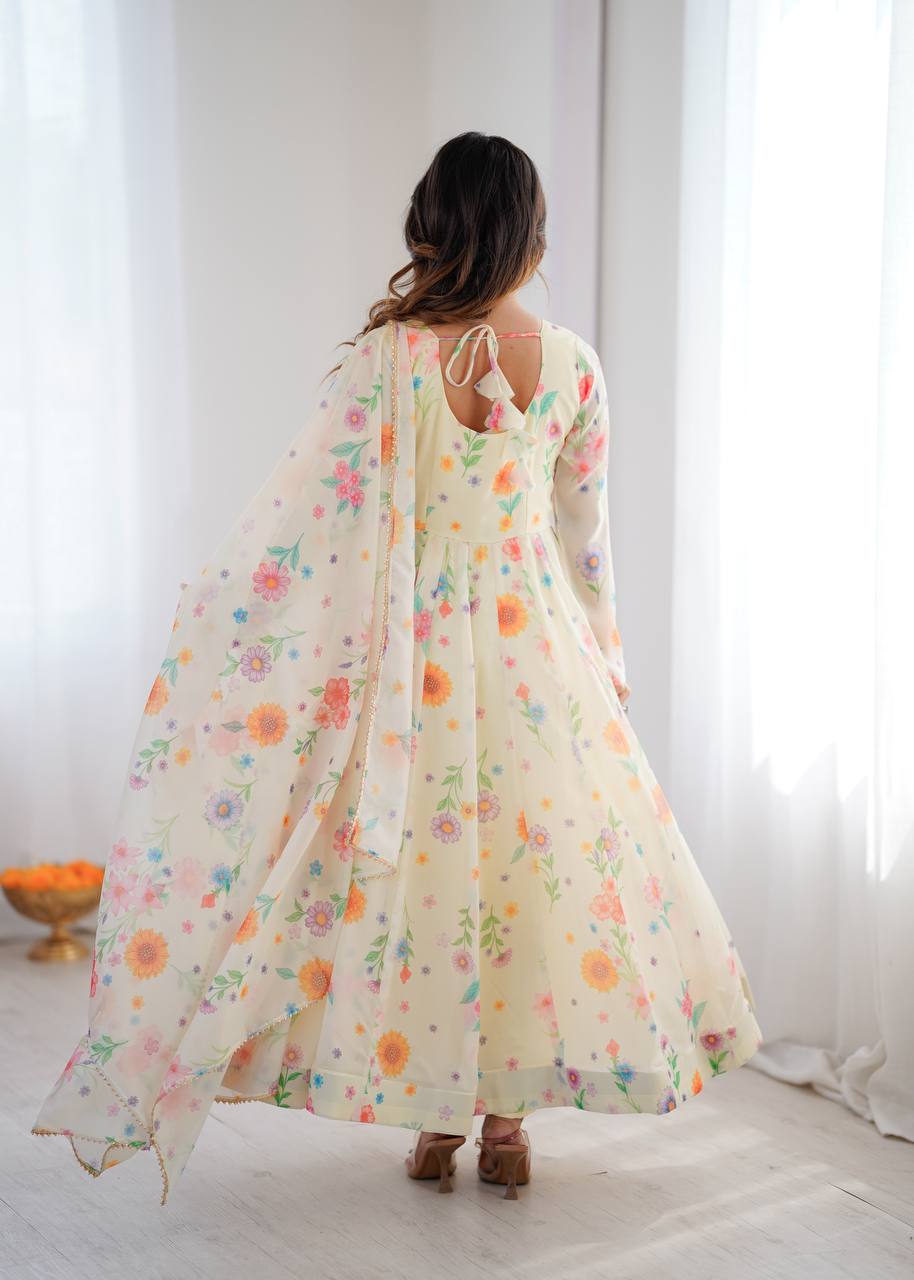 Cream Sunkissed Floral Print Organza Gown with Dupatta and Pant