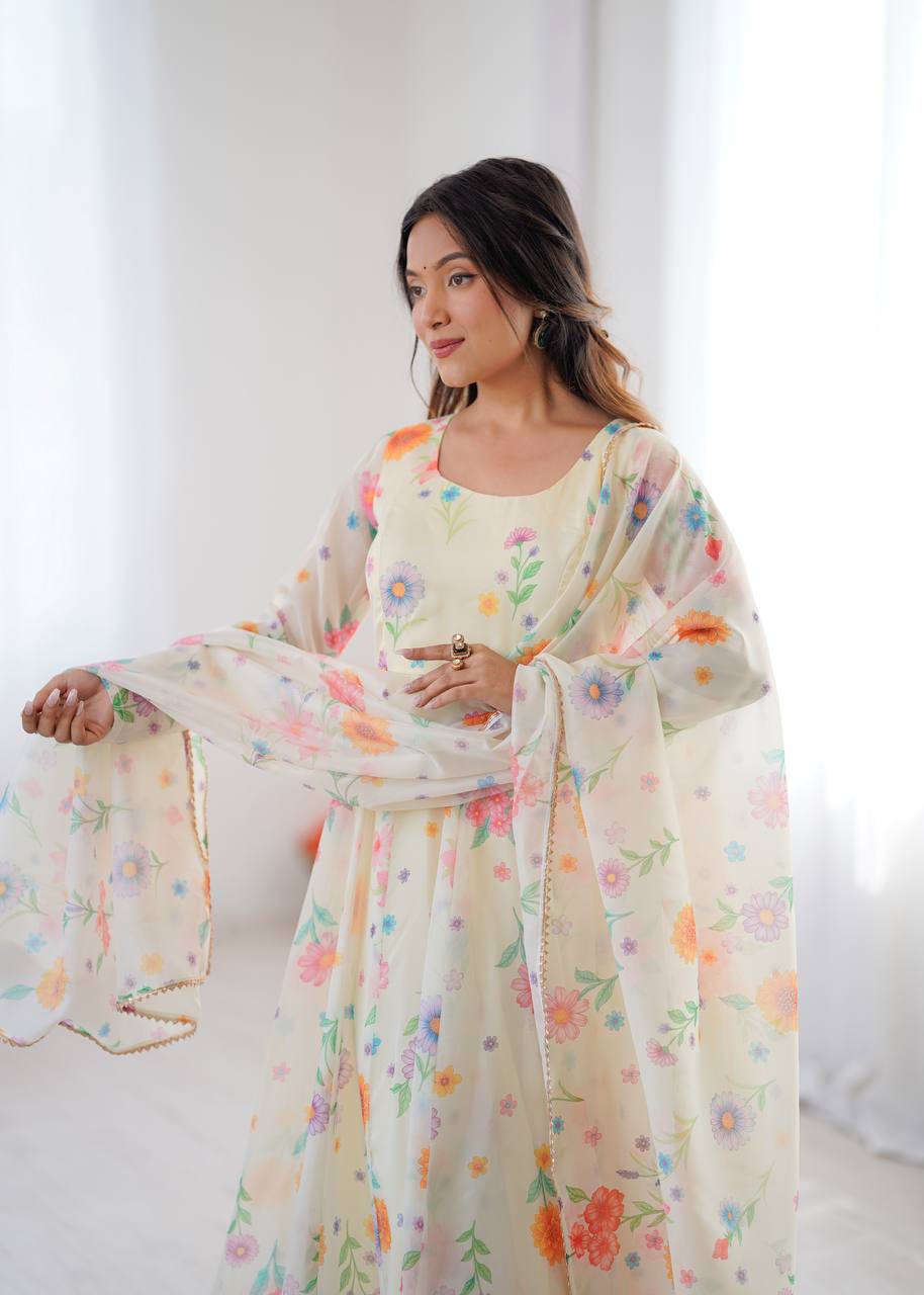 Cream Sunkissed Floral Print Organza Gown with Dupatta and Pant