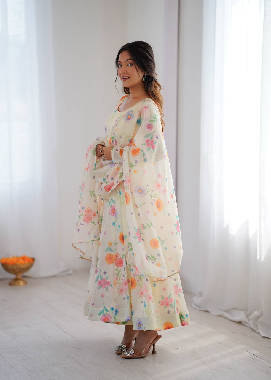 Cream Sunkissed Floral Print Organza Gown with Dupatta and Pant