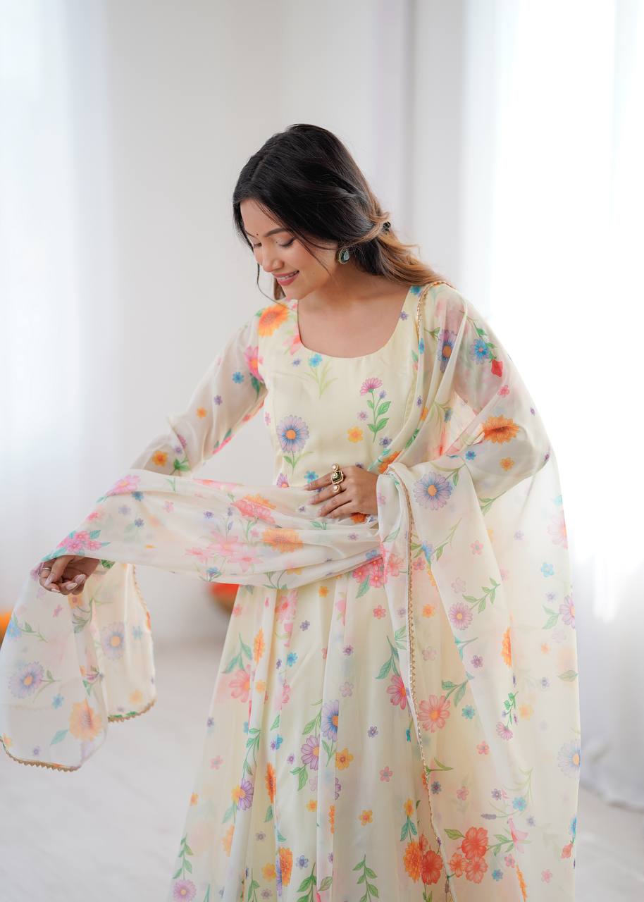 Cream Sunkissed Floral Print Organza Gown with Dupatta and Pant