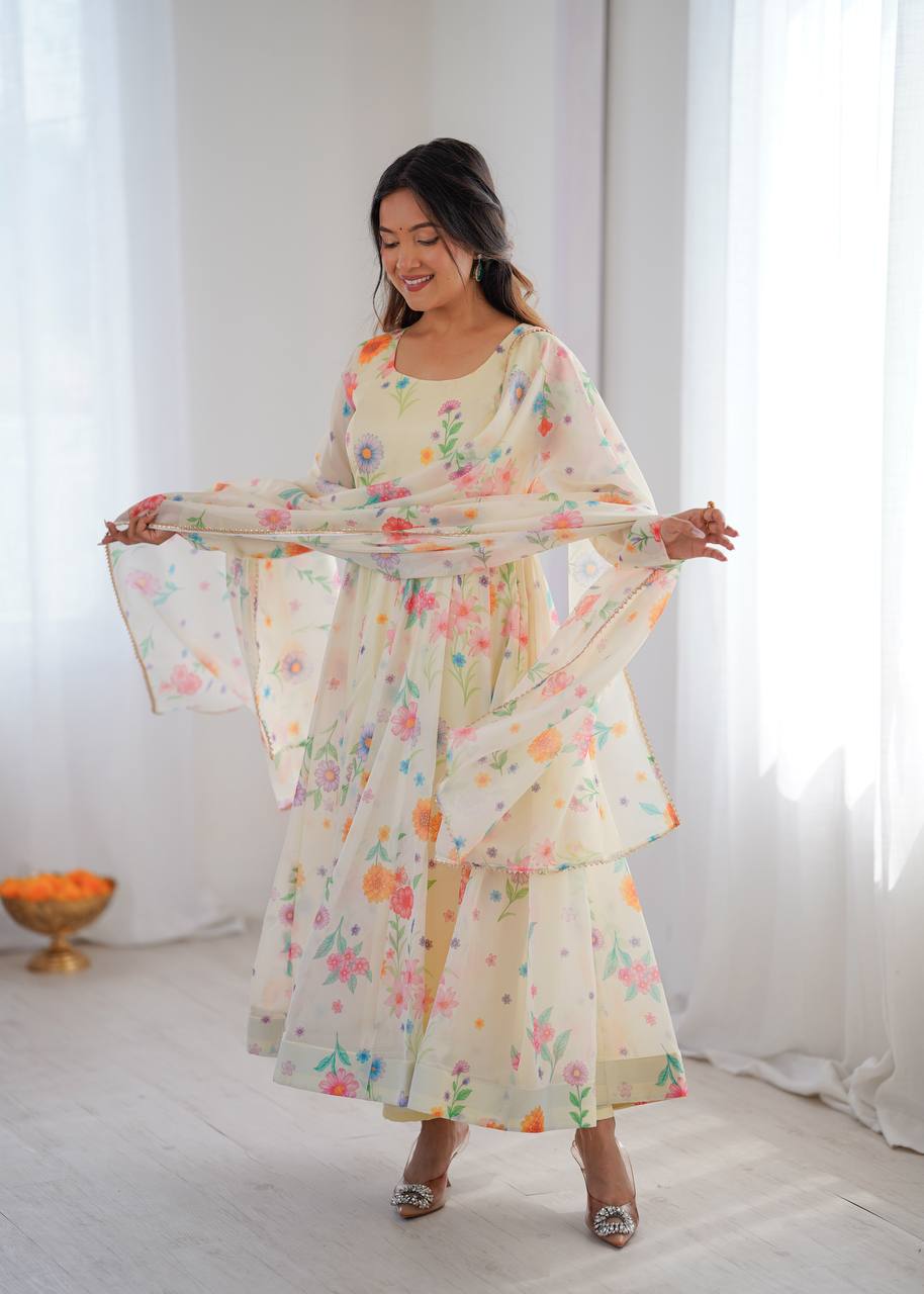Cream Sunkissed Floral Print Organza Gown with Dupatta and Pant