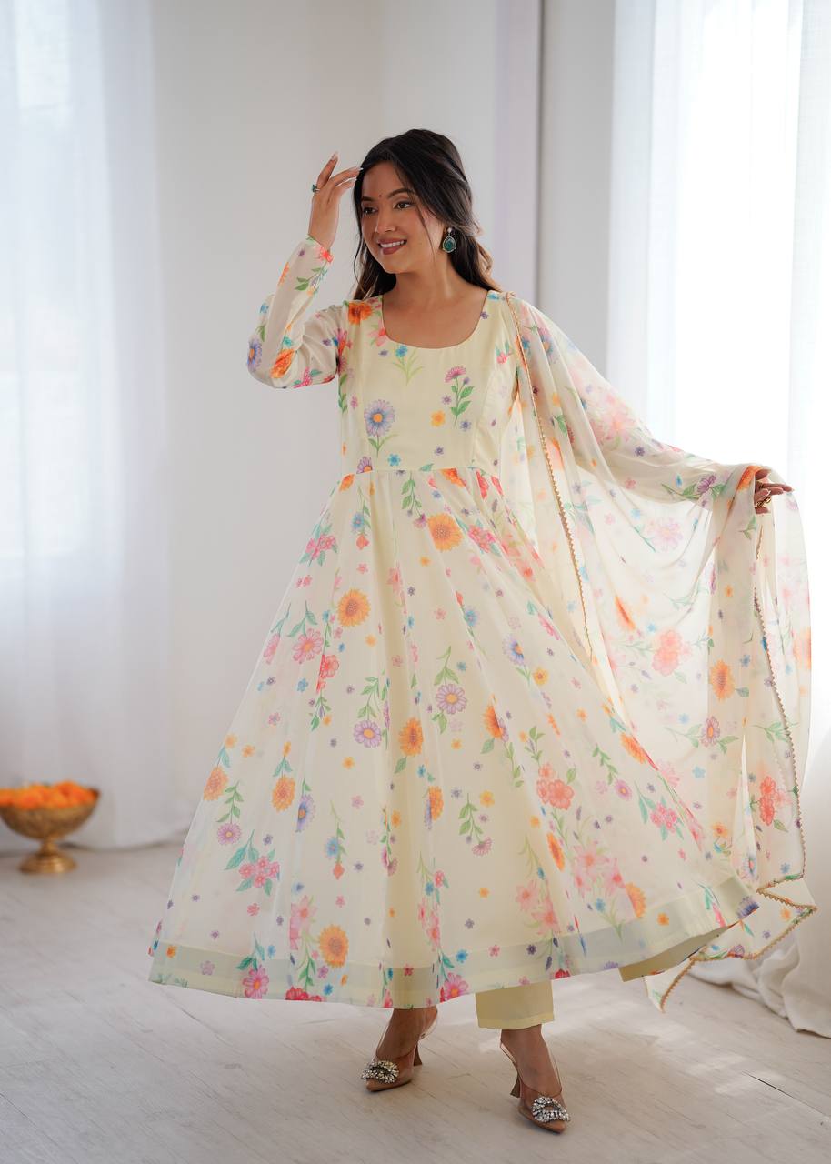 Cream Sunkissed Floral Print Organza Gown with Dupatta and Pant