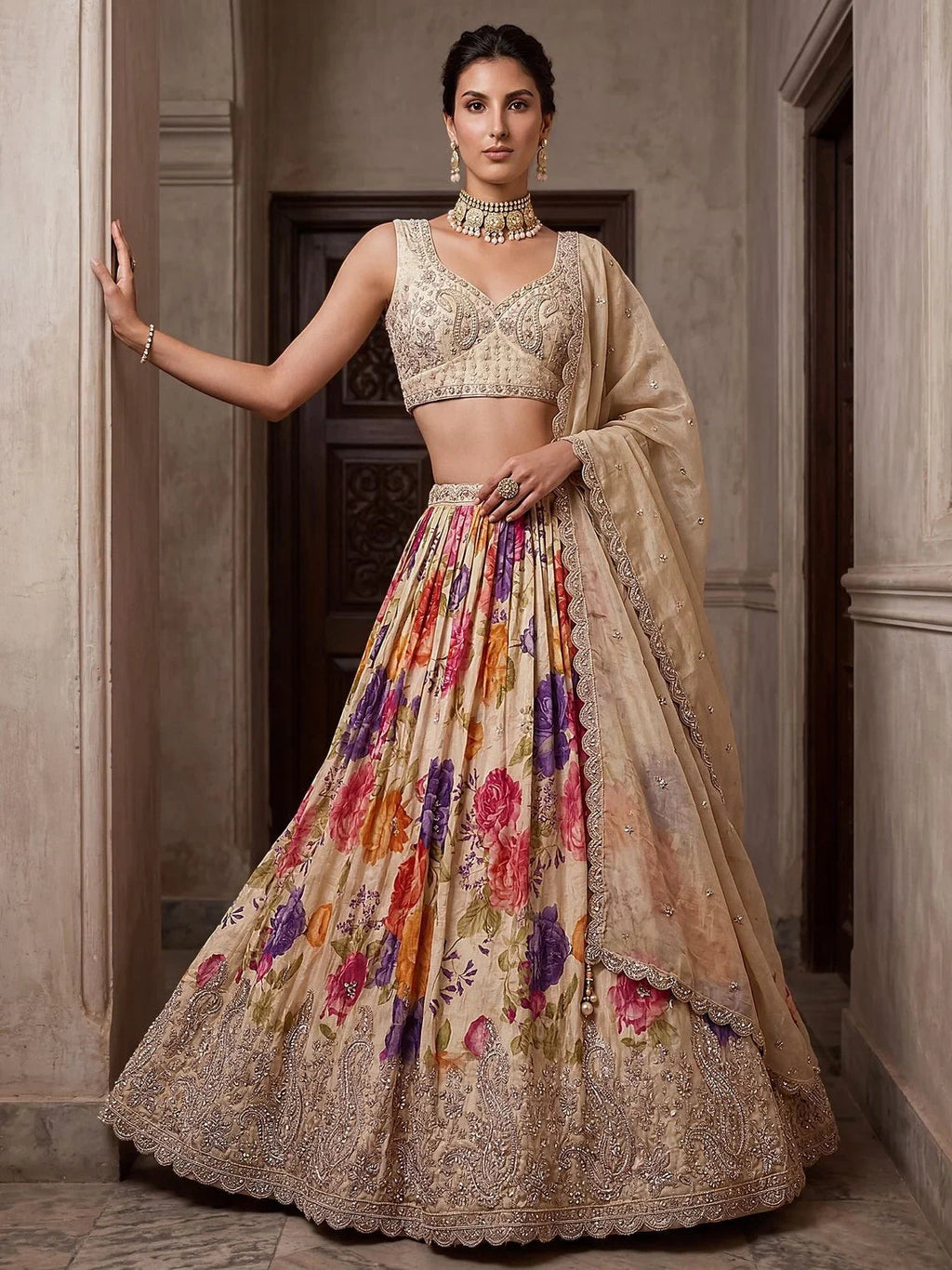 Cream Ravishing Tissue Bead Work Bridesmaid Lehenga Choli With Dupatta