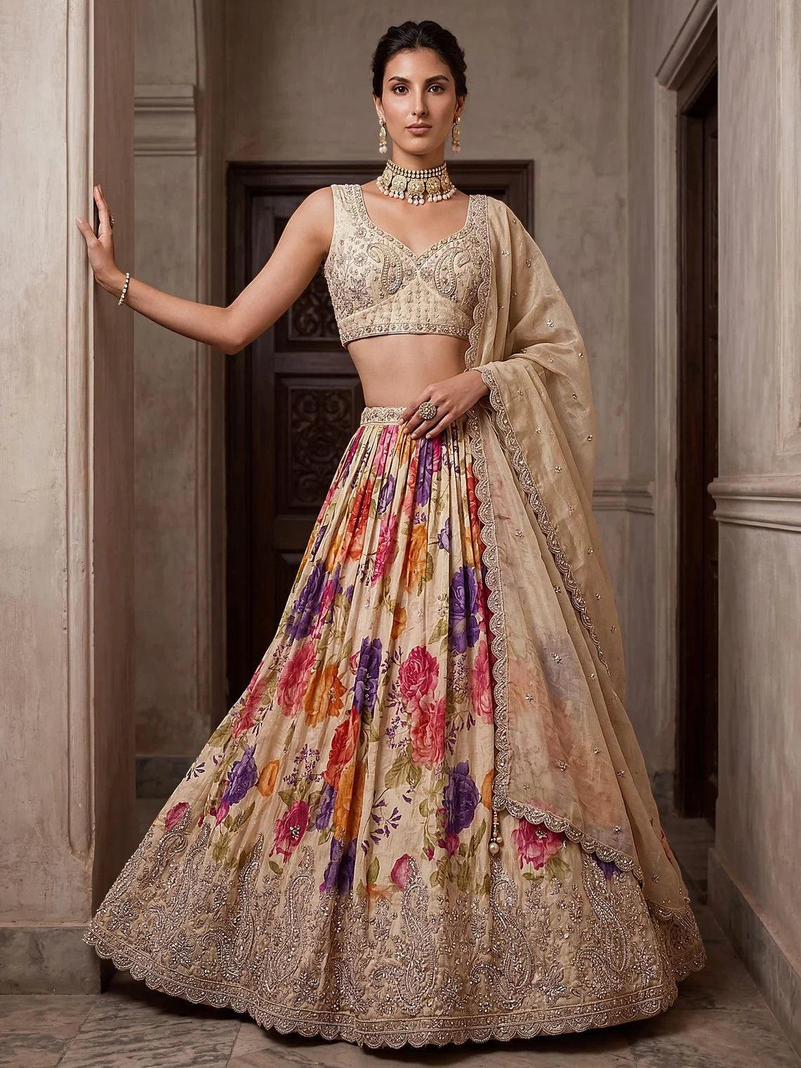 Cream Ravishing Tissue Bead Work Bridesmaid Lehenga Choli With Dupatta