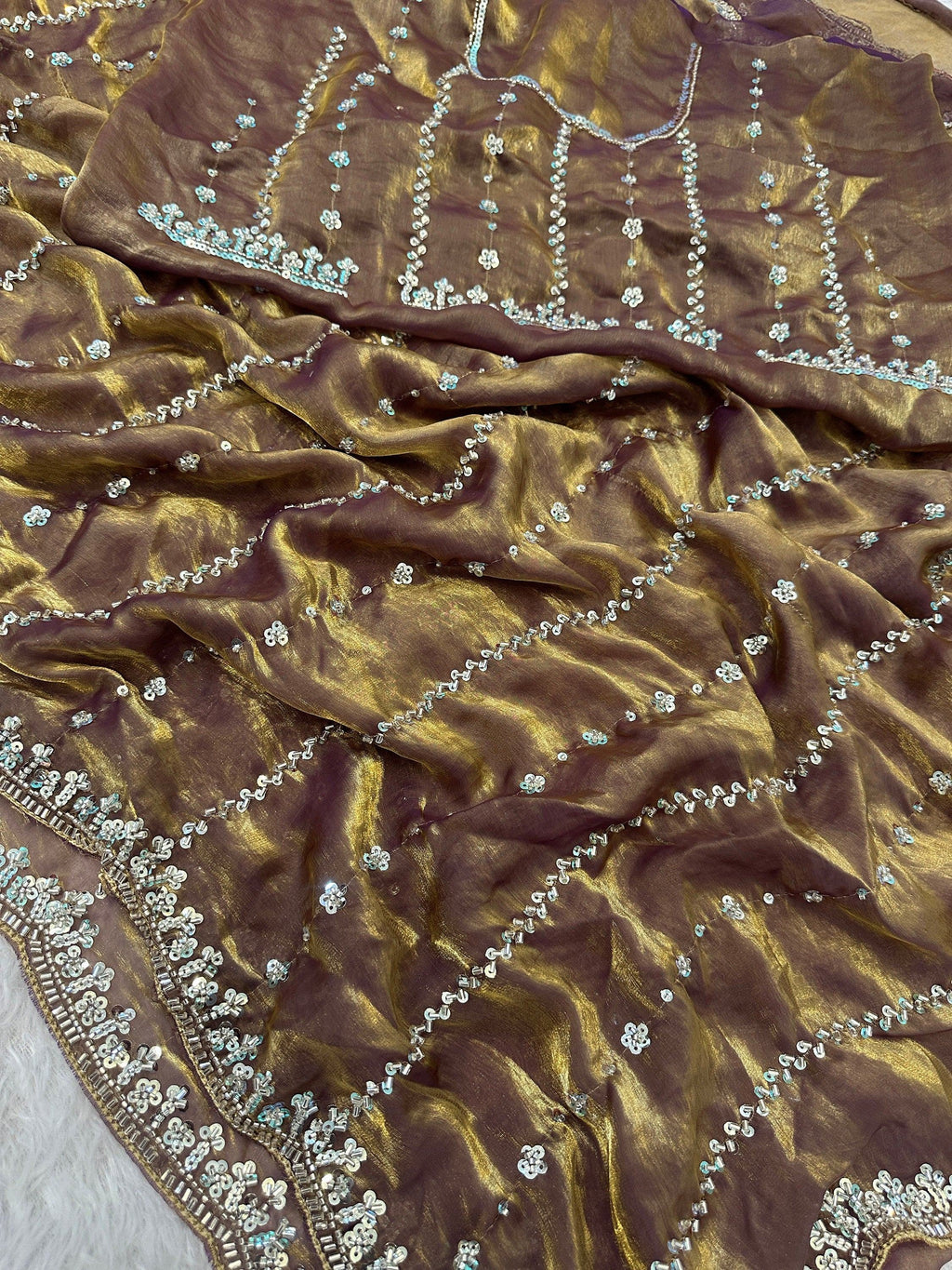 Beige Captivating Beads Work Satin Party Wear Saree With Blouse