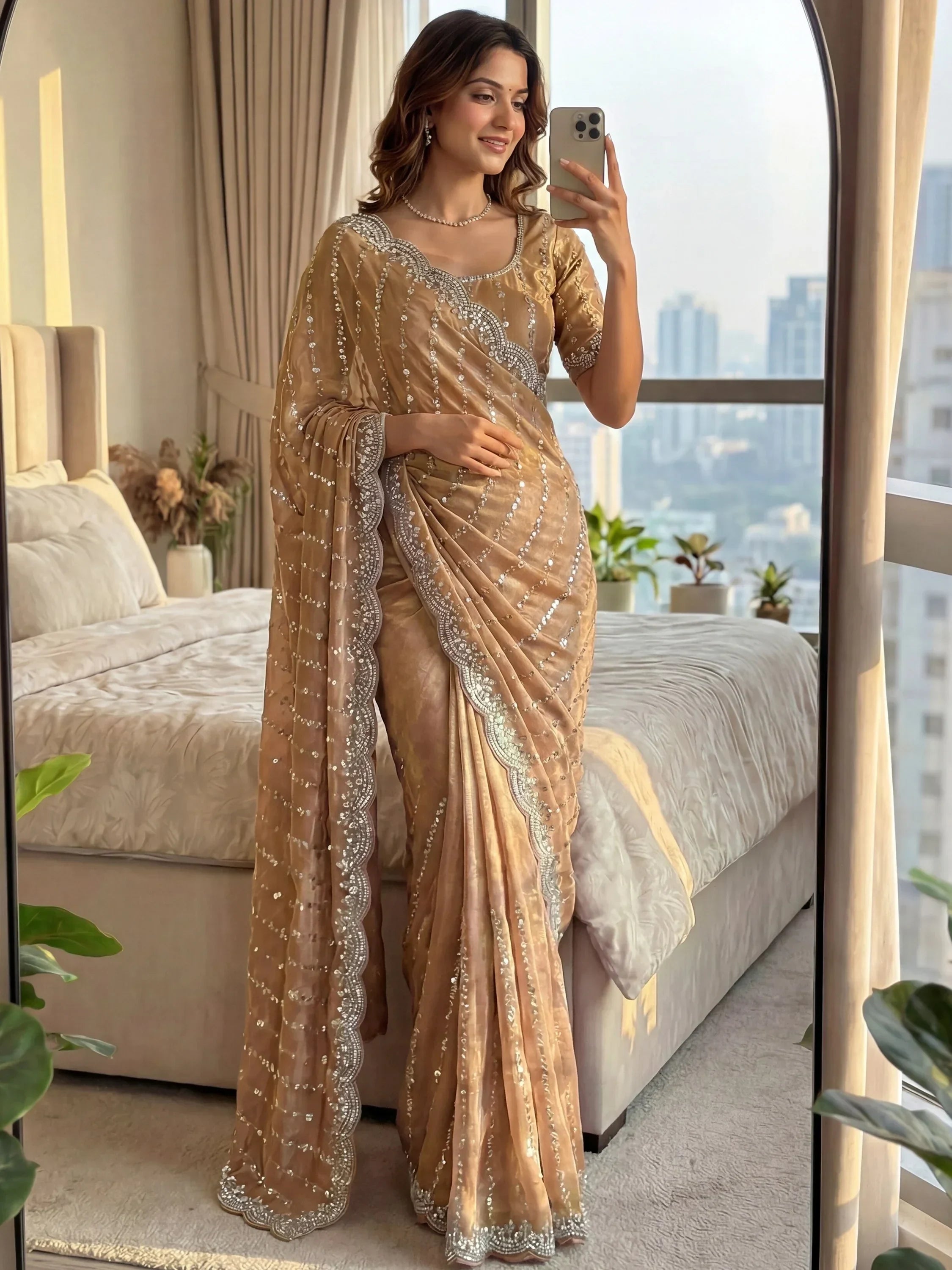 Beige Captivating Beads Work Satin Party Wear Saree With Blouse