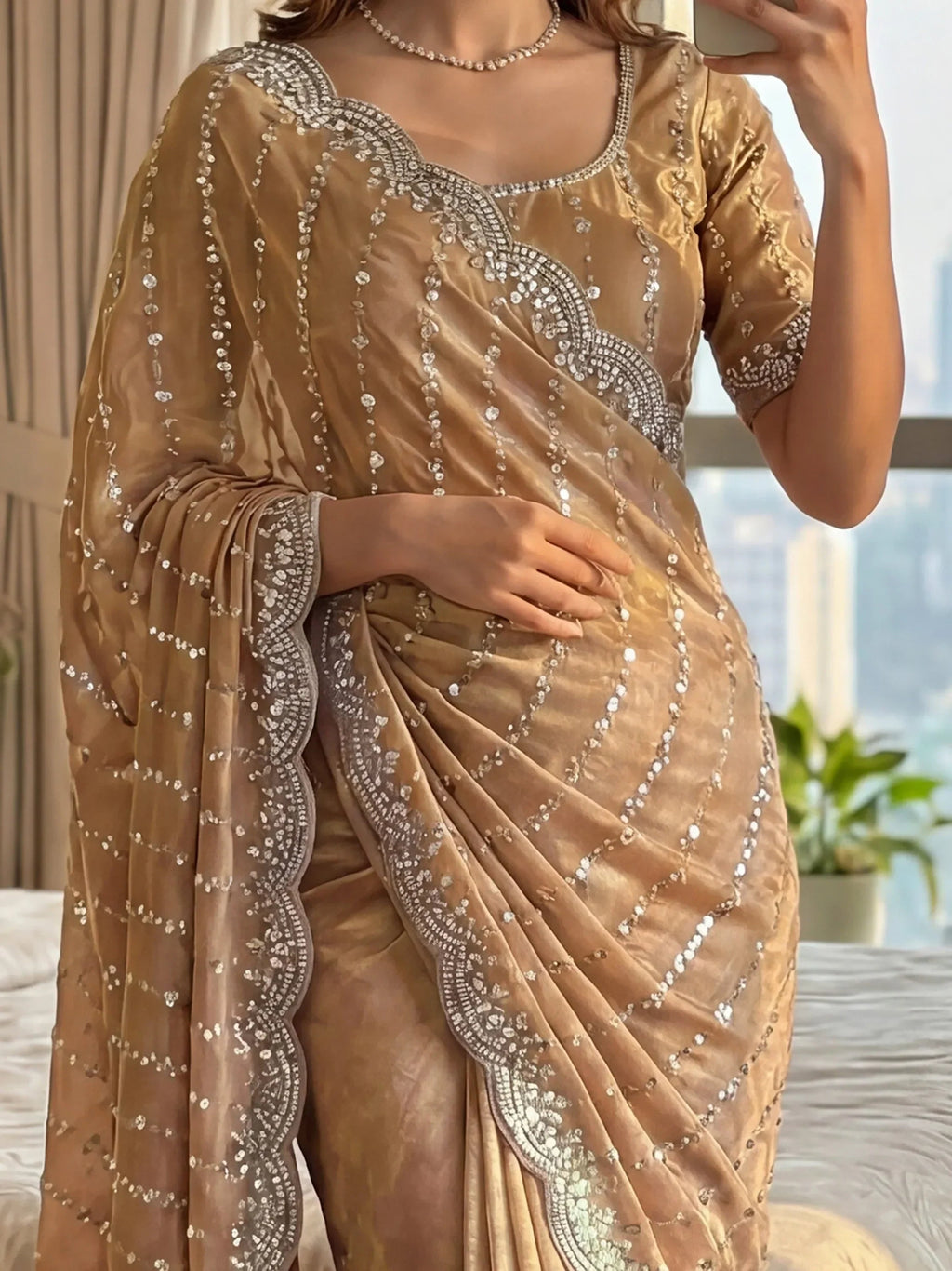 Beige Captivating Beads Work Satin Party Wear Saree With Blouse