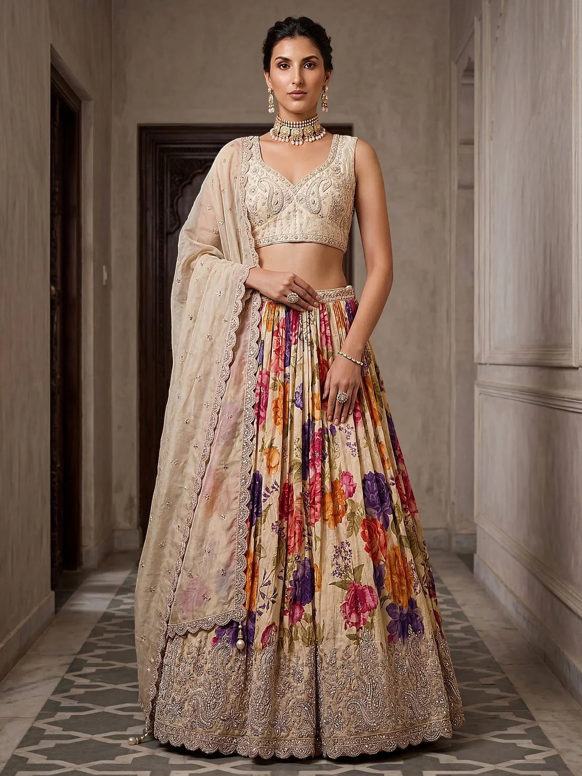 Cream Ravishing Tissue Bead Work Bridesmaid Lehenga Choli With Dupatta