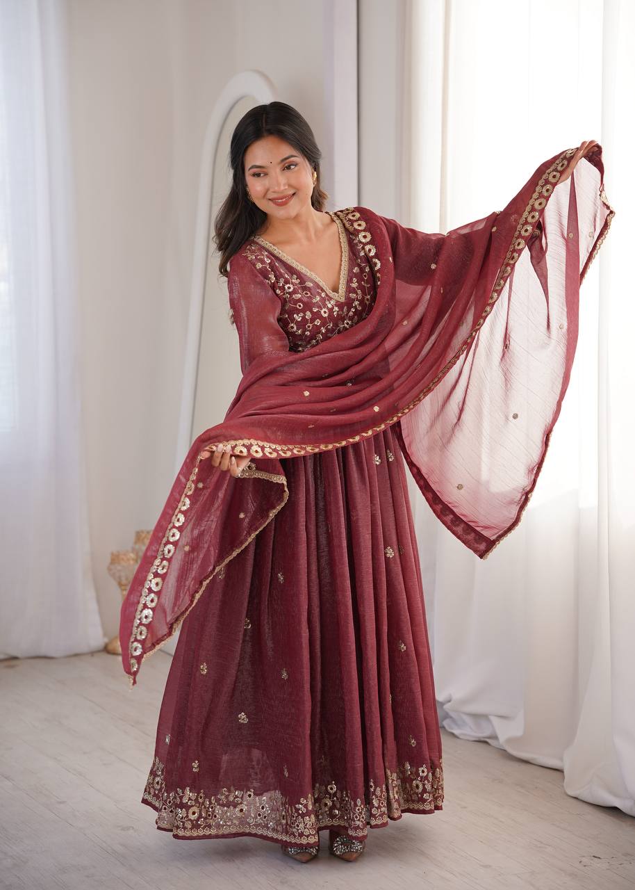 Crunchy Sequence Embroidered Gown with Pant and Dupatta