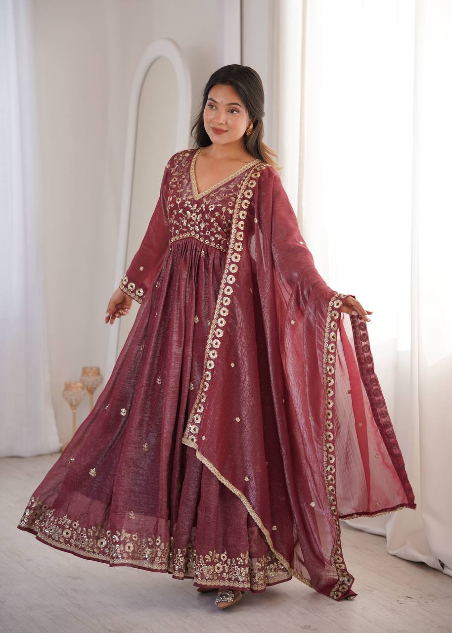 Crunchy Sequence Embroidered Gown with Pant and Dupatta