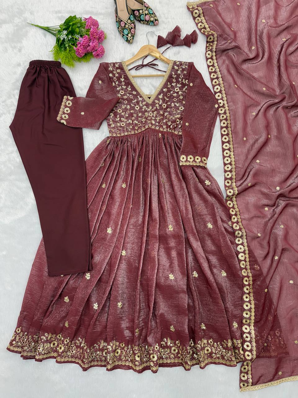 Crunchy Sequence Embroidered Gown with Pant and Dupatta