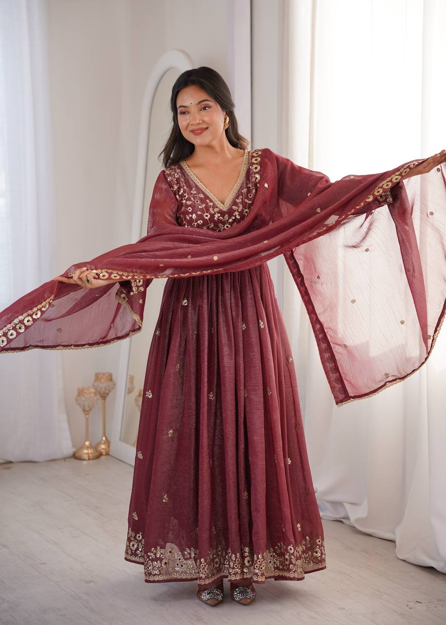 Crunchy Sequence Embroidered Gown with Pant and Dupatta