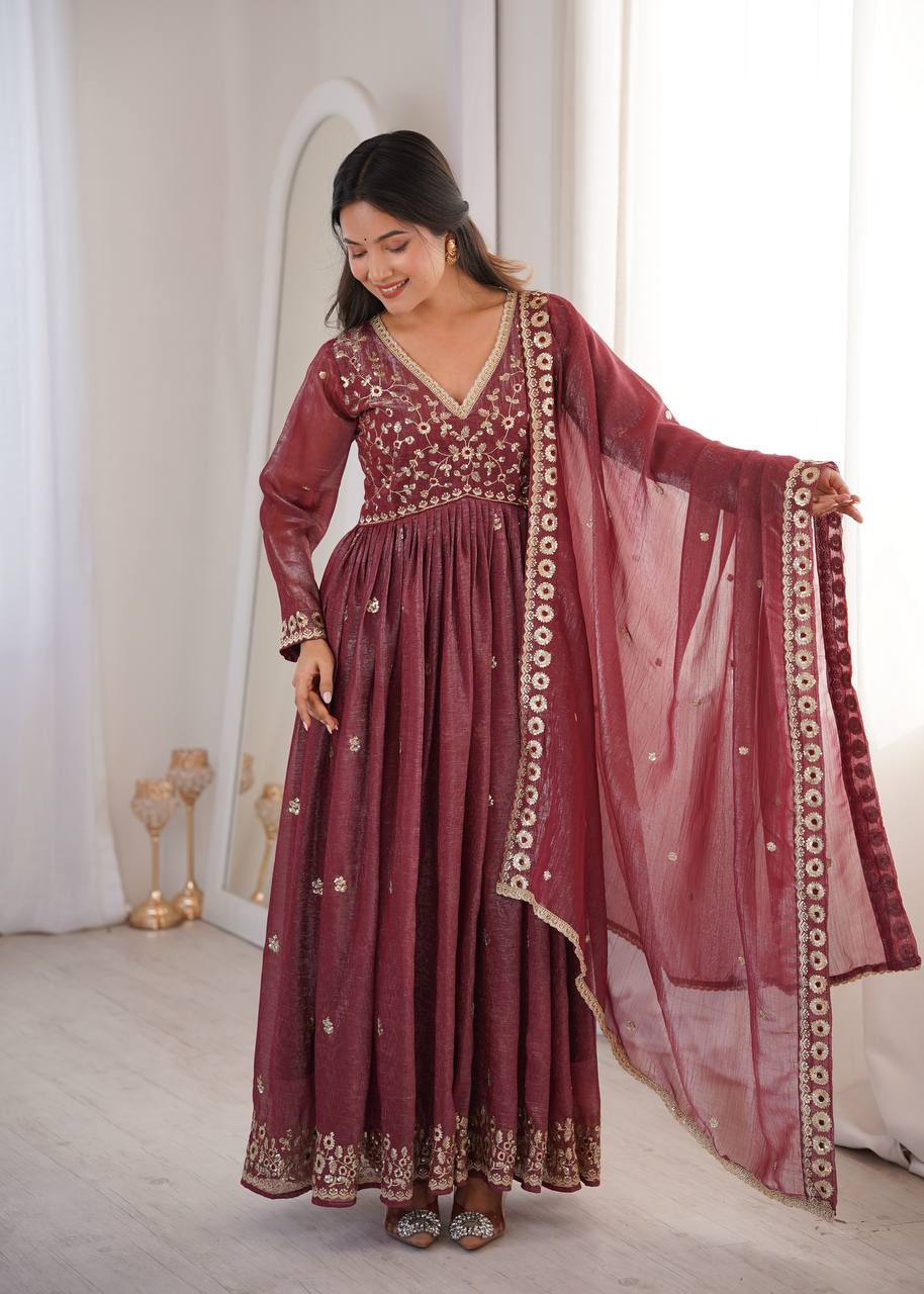 Crunchy Sequence Embroidered Gown with Pant and Dupatta