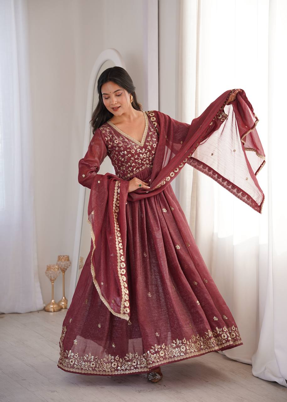 Crunchy Sequence Embroidered Gown with Pant and Dupatta