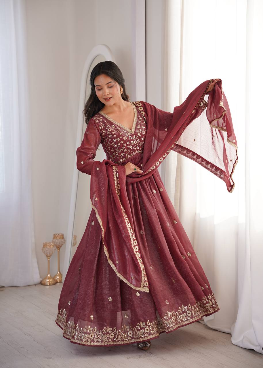 Crunchy Sequence Embroidered Gown with Pant and Dupatta