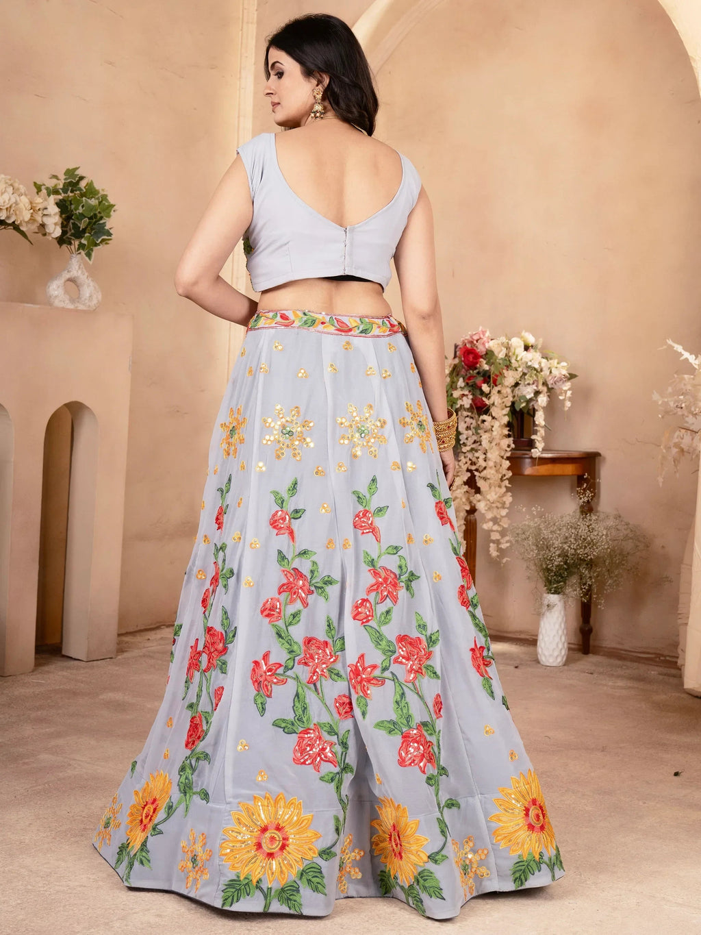 Cute Grey Floral Embroidered Georgette Engagement Wear Lehenga Choli