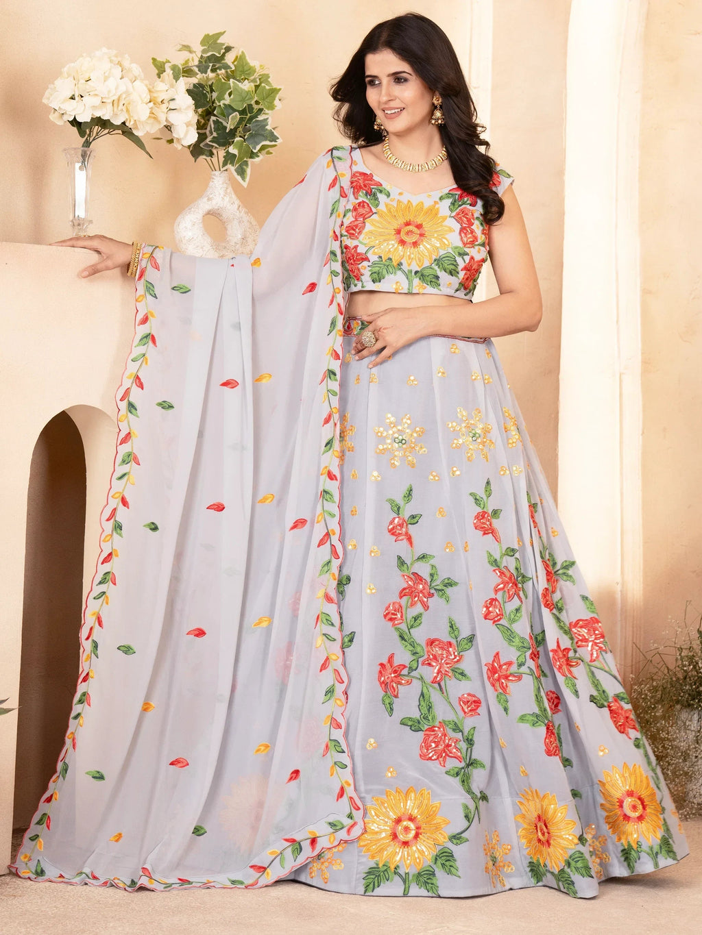 Cute Grey Floral Embroidered Georgette Engagement Wear Lehenga Choli