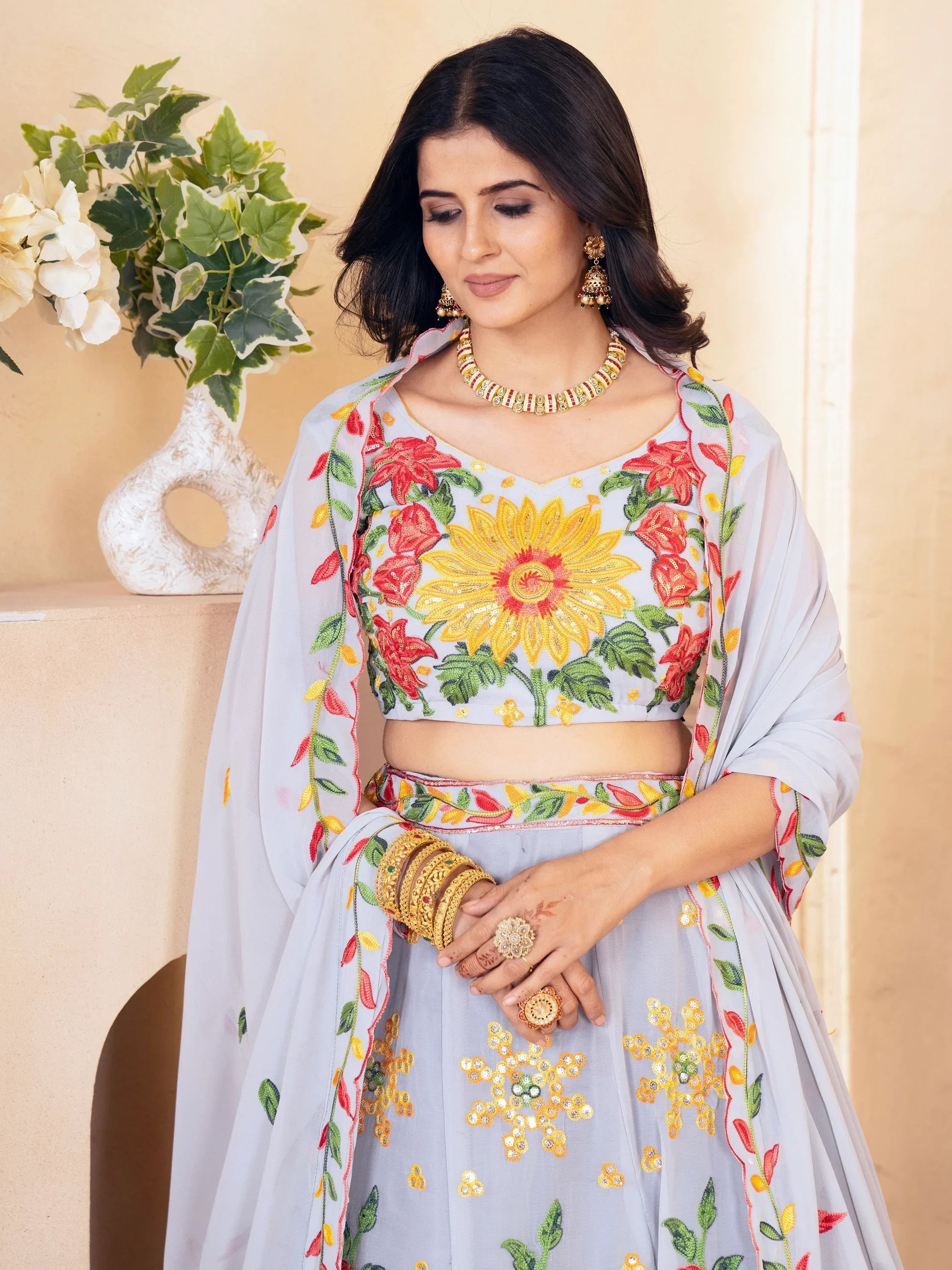 Cute Grey Floral Embroidered Georgette Engagement Wear Lehenga Choli