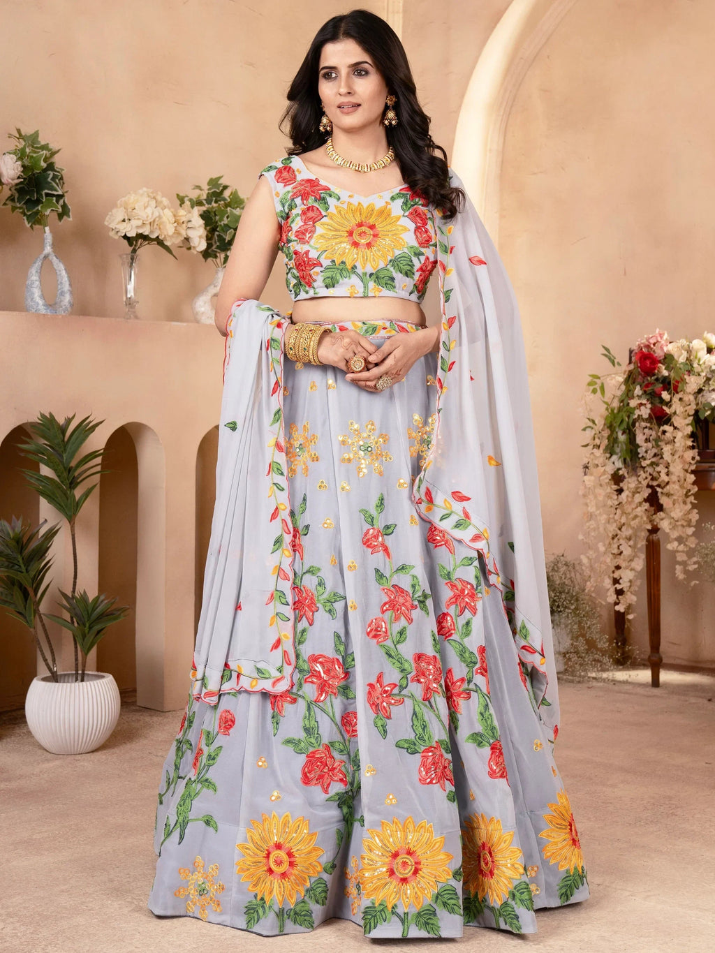 Cute Grey Floral Embroidered Georgette Engagement Wear Lehenga Choli
