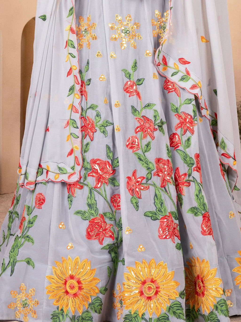 Cute Grey Floral Embroidered Georgette Engagement Wear Lehenga Choli