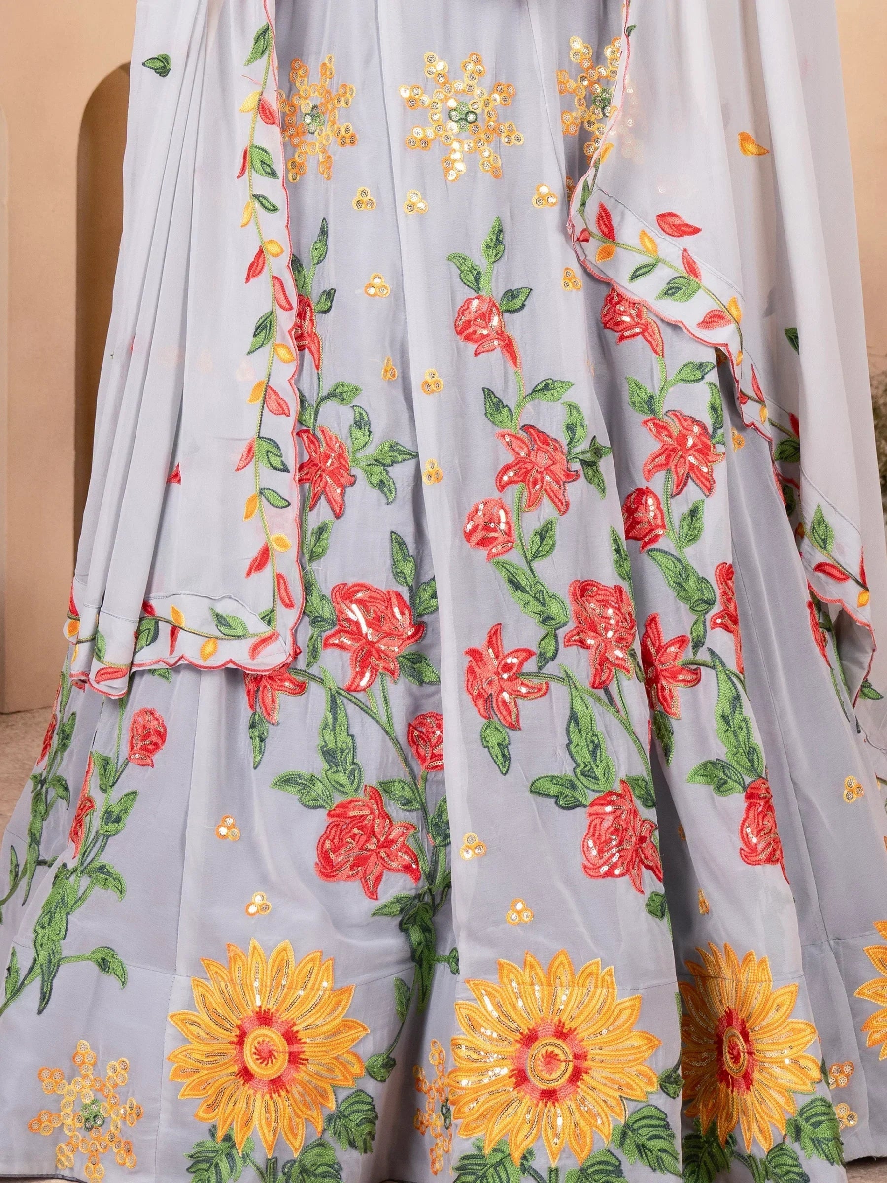 Cute Grey Floral Embroidered Georgette Engagement Wear Lehenga Choli