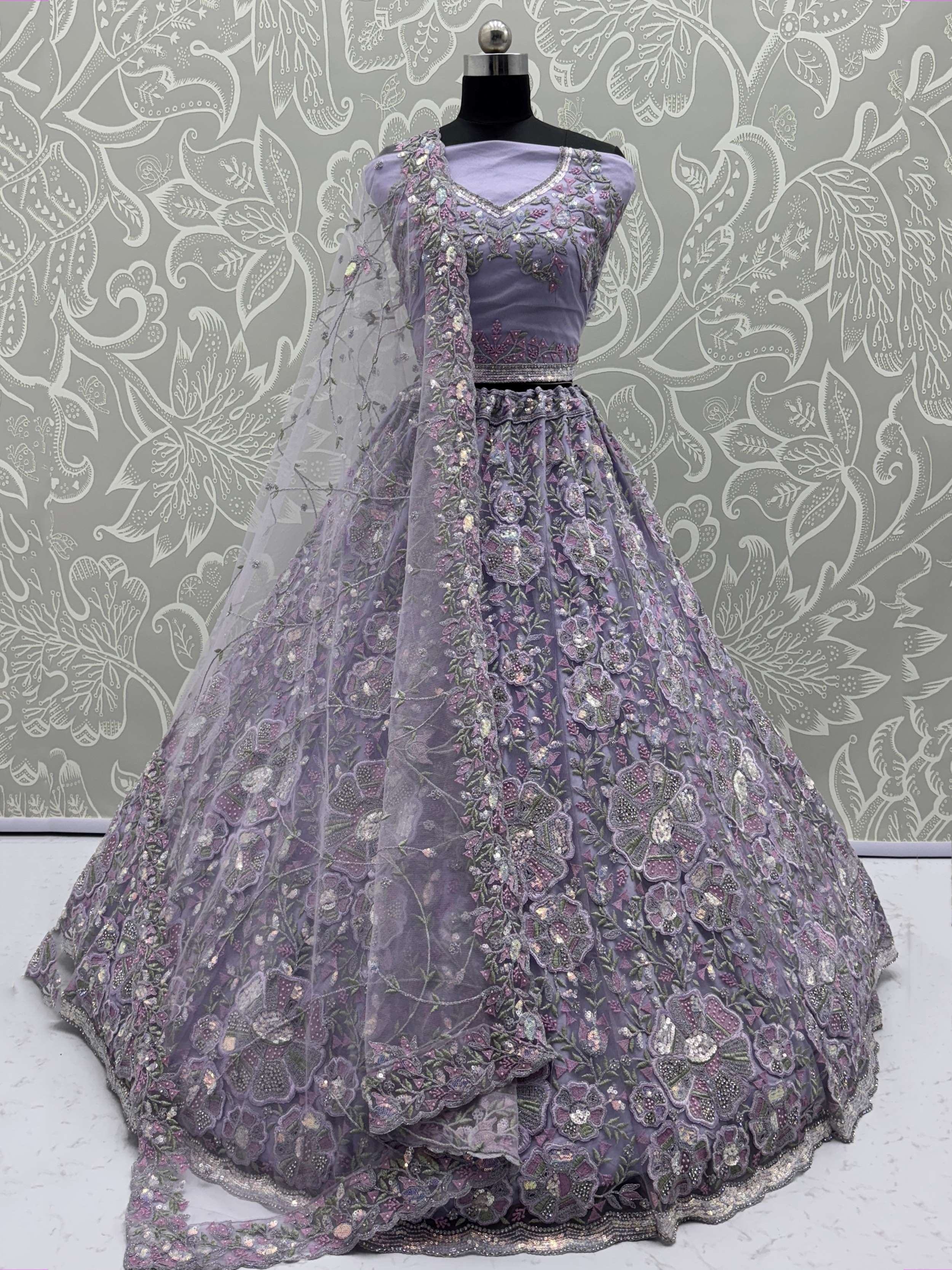 Purple Glamorous Net Sequins Wedding Wear Lehenga Choli With Dupatta