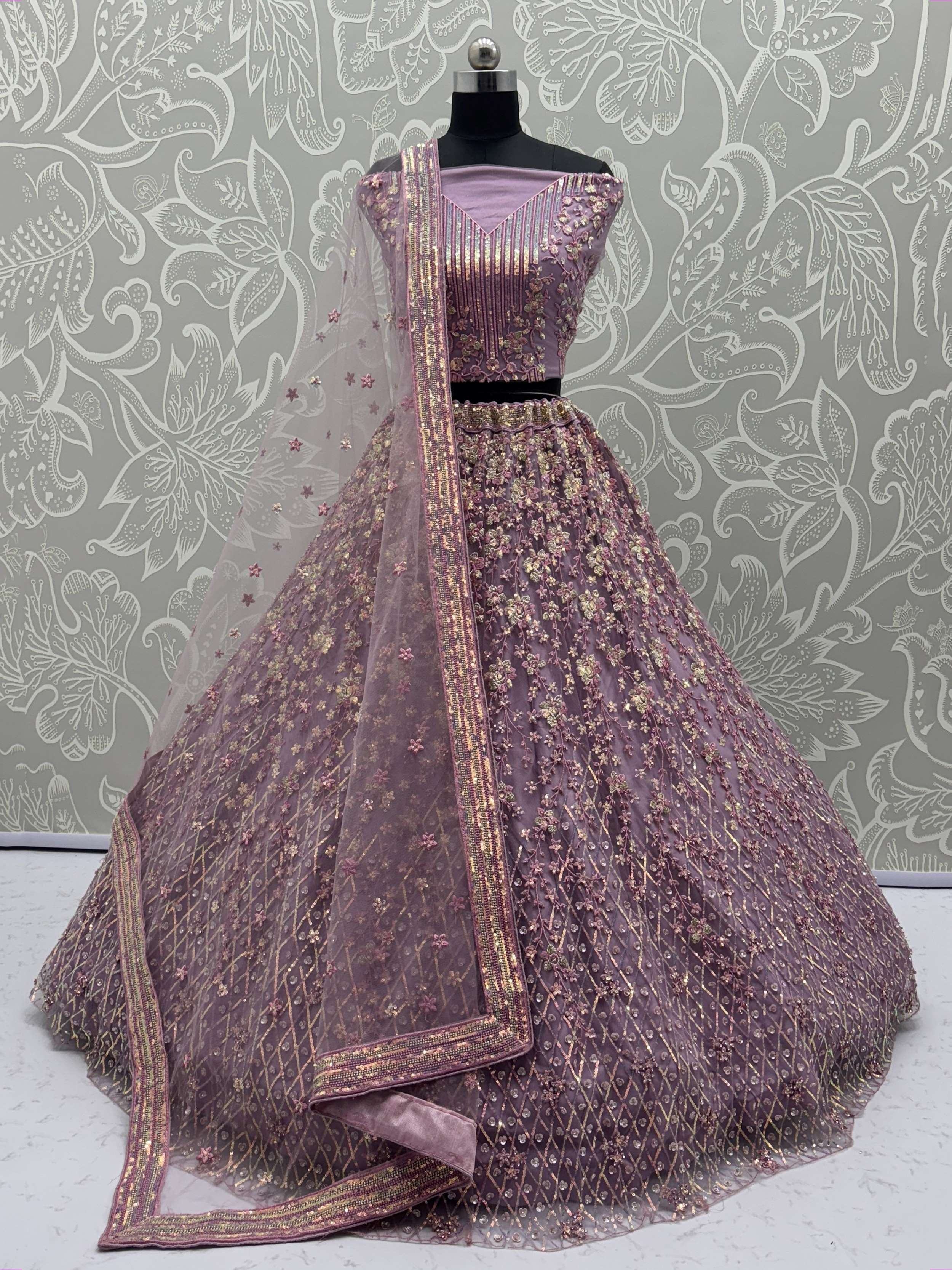Lavender Fantastic Net Multi-Thread Work Wedding Lehenga Choli