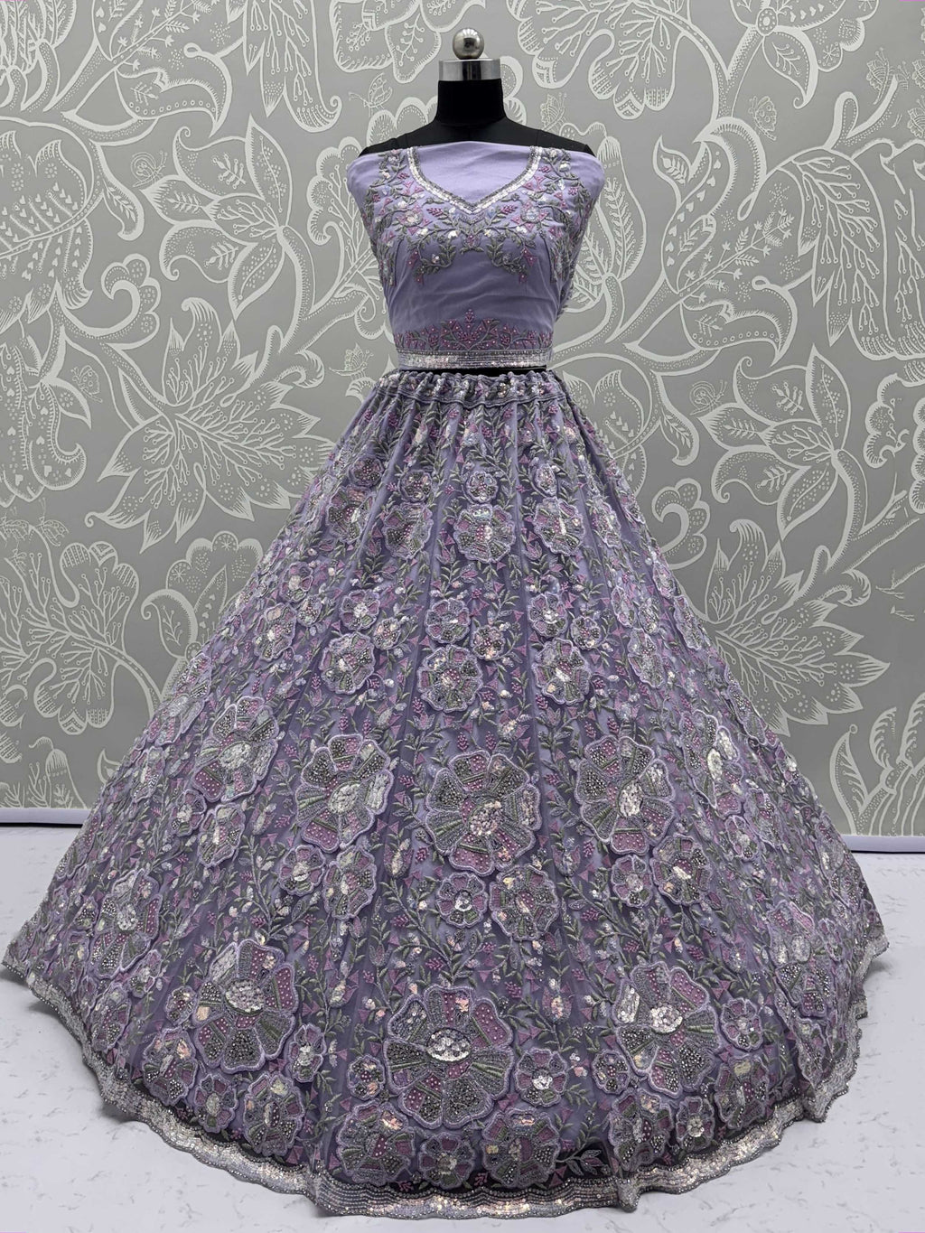 Purple Glamorous Net Sequins Wedding Wear Lehenga Choli With Dupatta