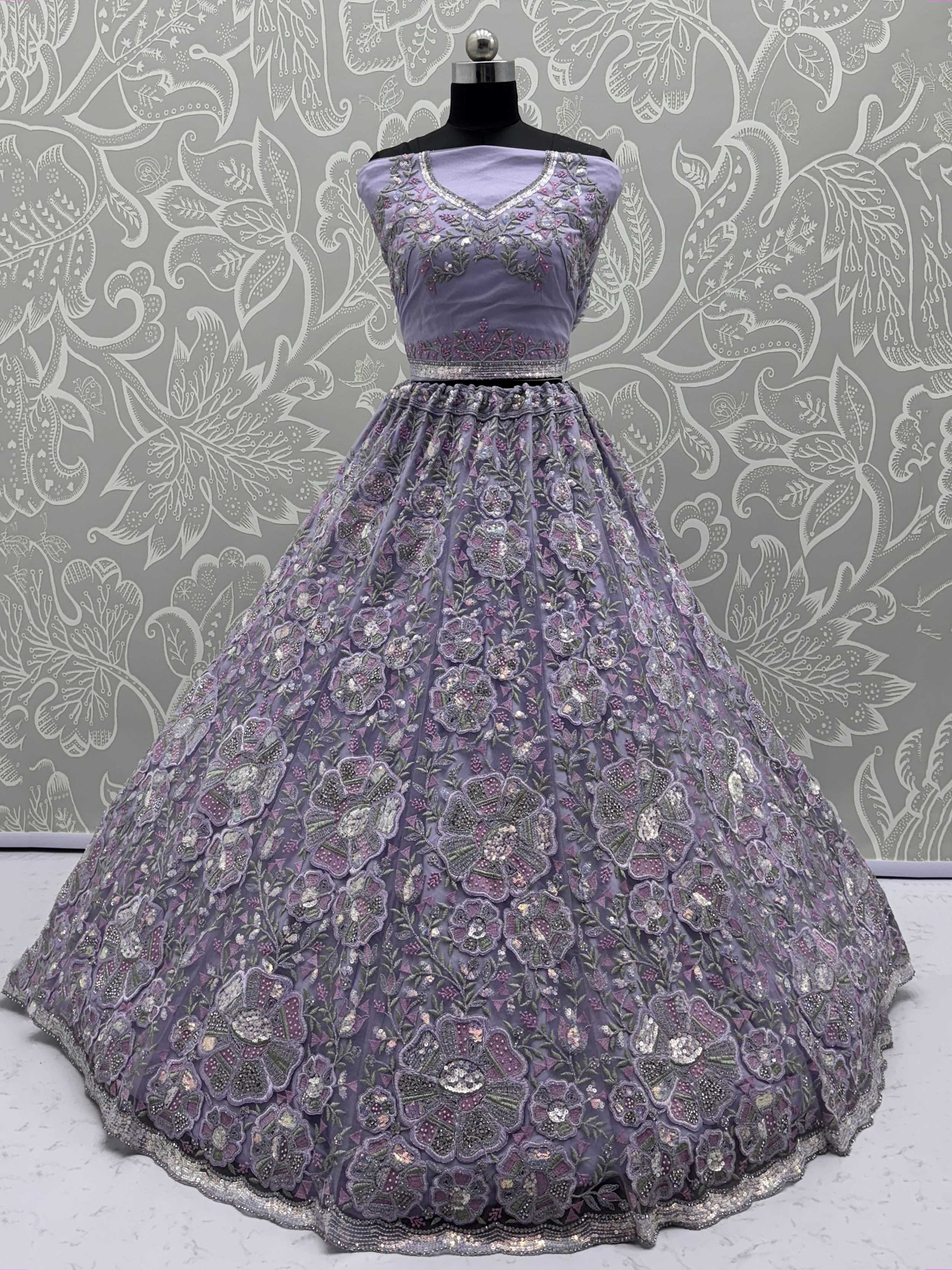 Purple Glamorous Net Sequins Wedding Wear Lehenga Choli With Dupatta
