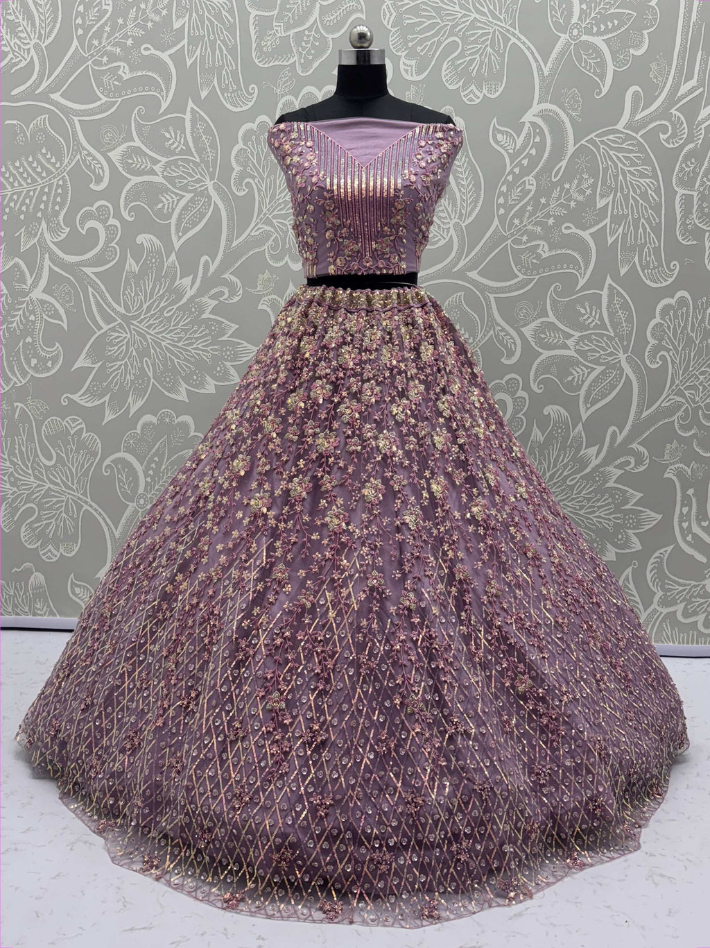 Lavender Fantastic Net Multi-Thread Work Wedding Lehenga Choli