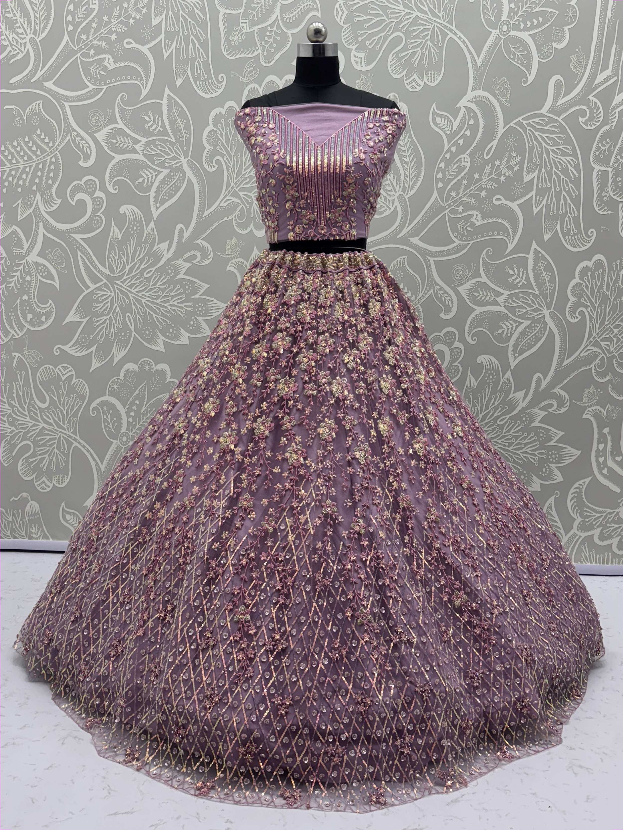 Lavender Fantastic Net Multi-Thread Work Wedding Lehenga Choli
