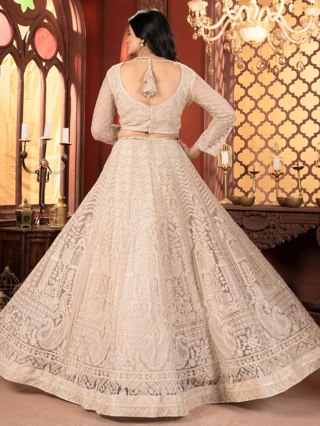 Dazzling Beige Thread Work Net Reception Wear Lehenga Choli With Dupatta