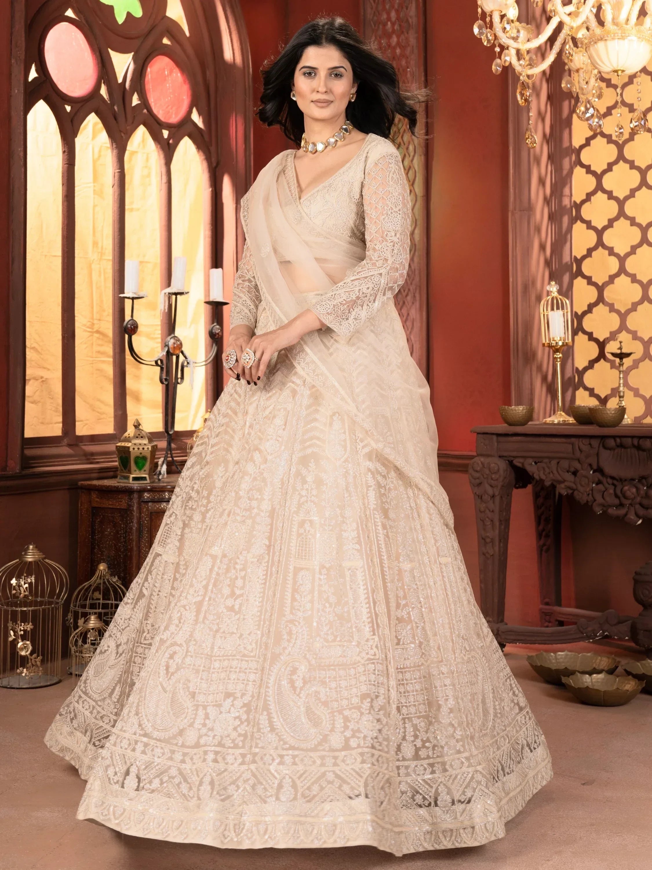 Dazzling Beige Thread Work Net Reception Wear Lehenga Choli With Dupatta
