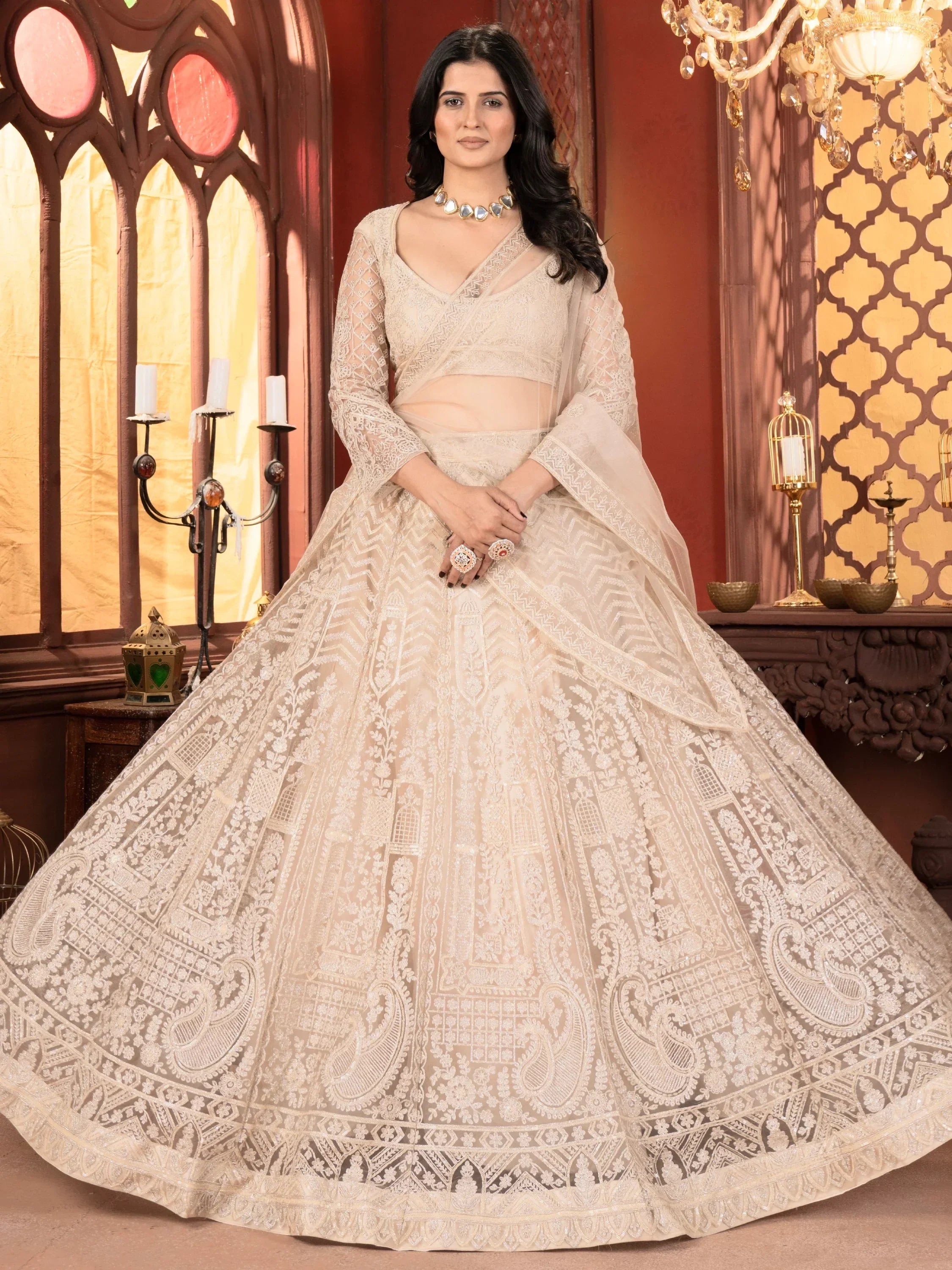 Dazzling Beige Thread Work Net Reception Wear Lehenga Choli With Dupatta