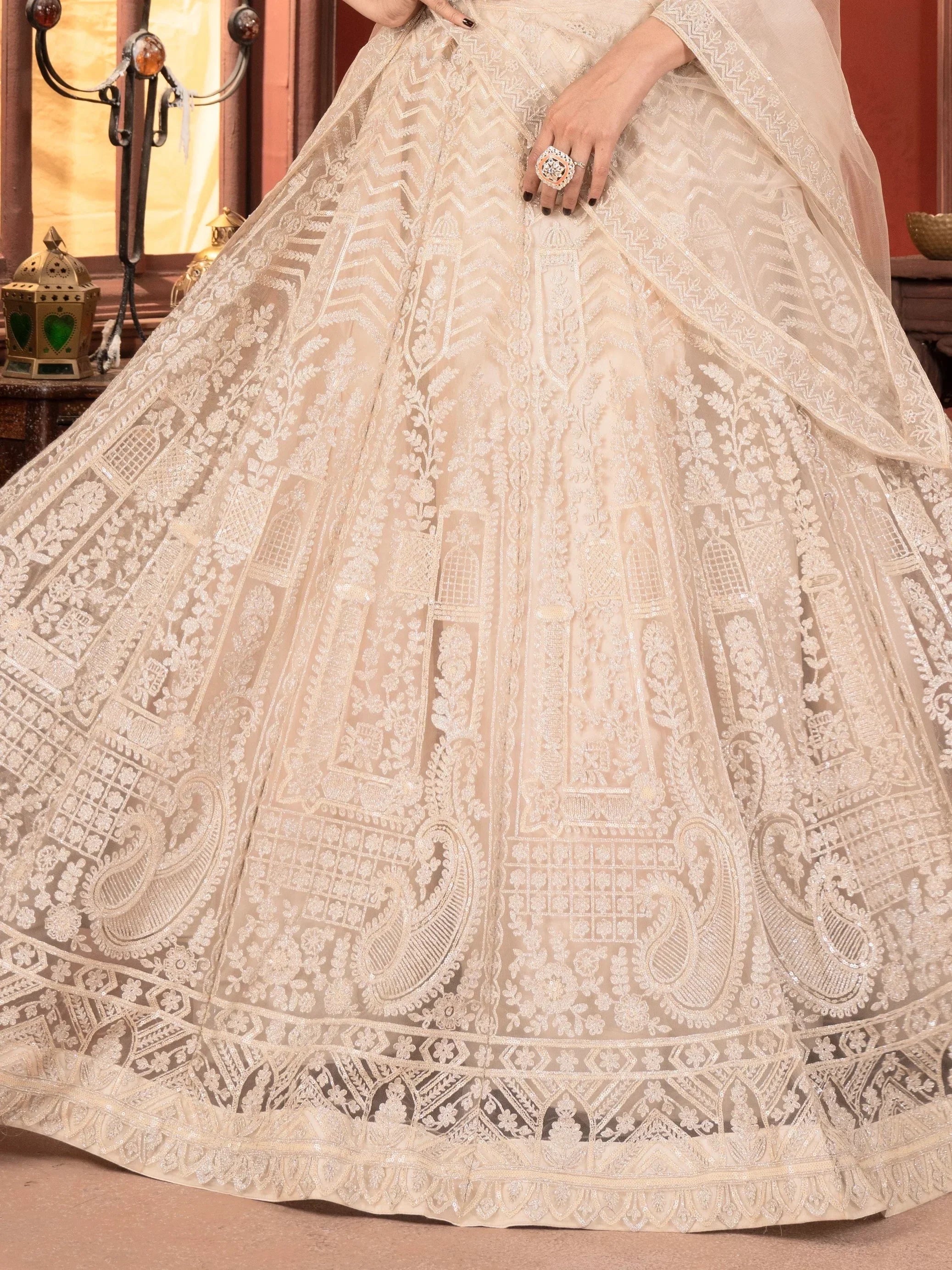 Dazzling Beige Thread Work Net Reception Wear Lehenga Choli With Dupatta