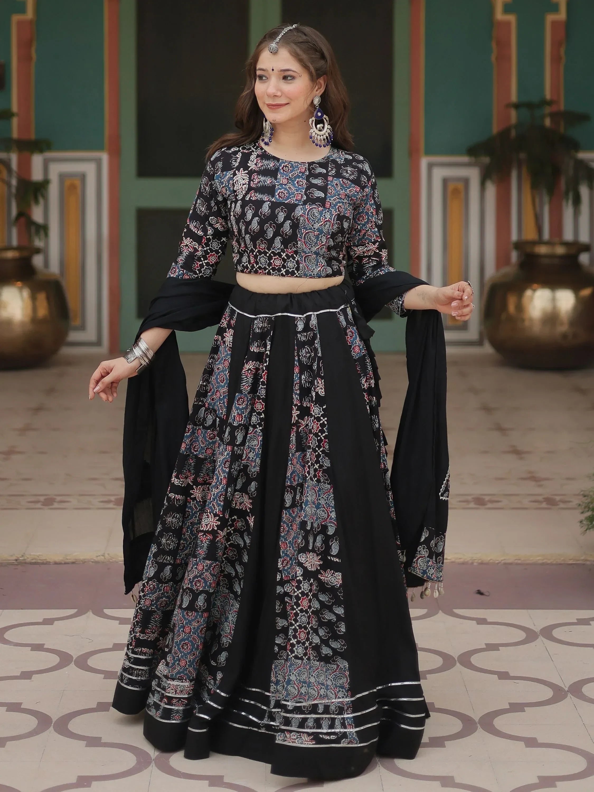 Dazzling Black Printed Rayon Navratri Wear Lehenga Choli With Dupatta