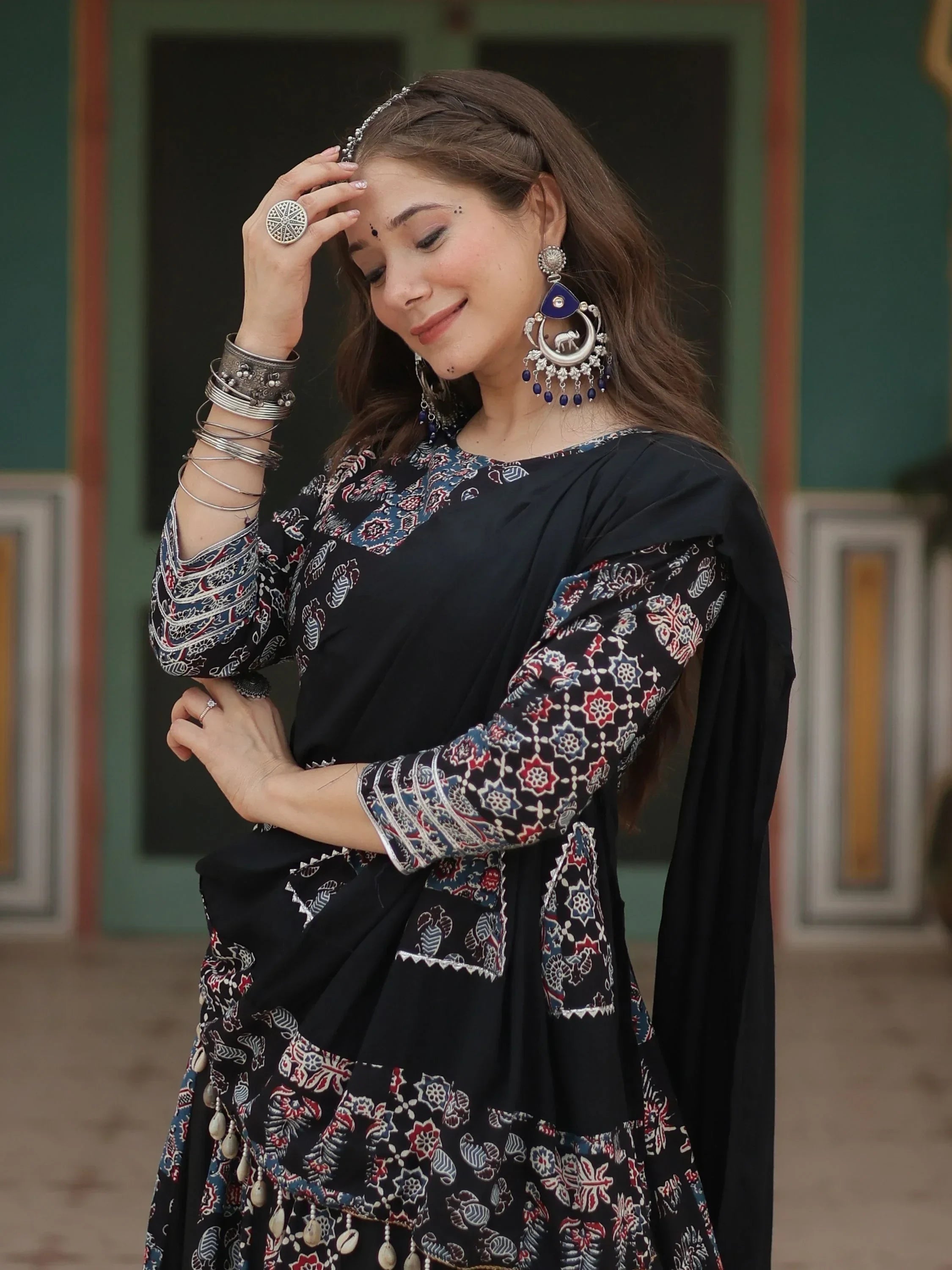 Dazzling Black Printed Rayon Navratri Wear Lehenga Choli With Dupatta
