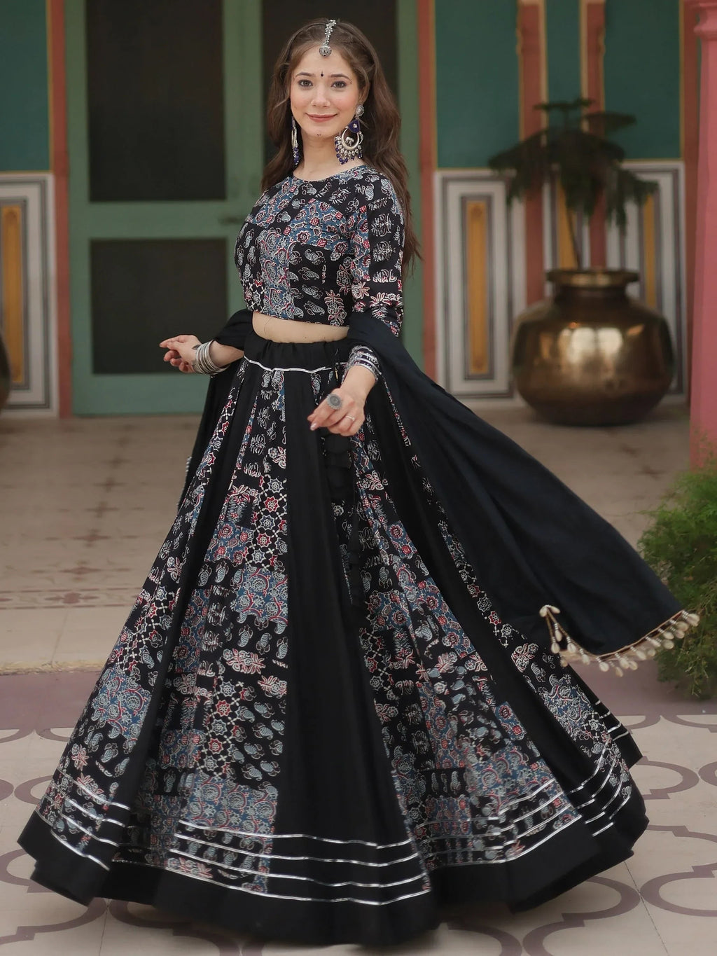 Dazzling Black Printed Rayon Navratri Wear Lehenga Choli With Dupatta